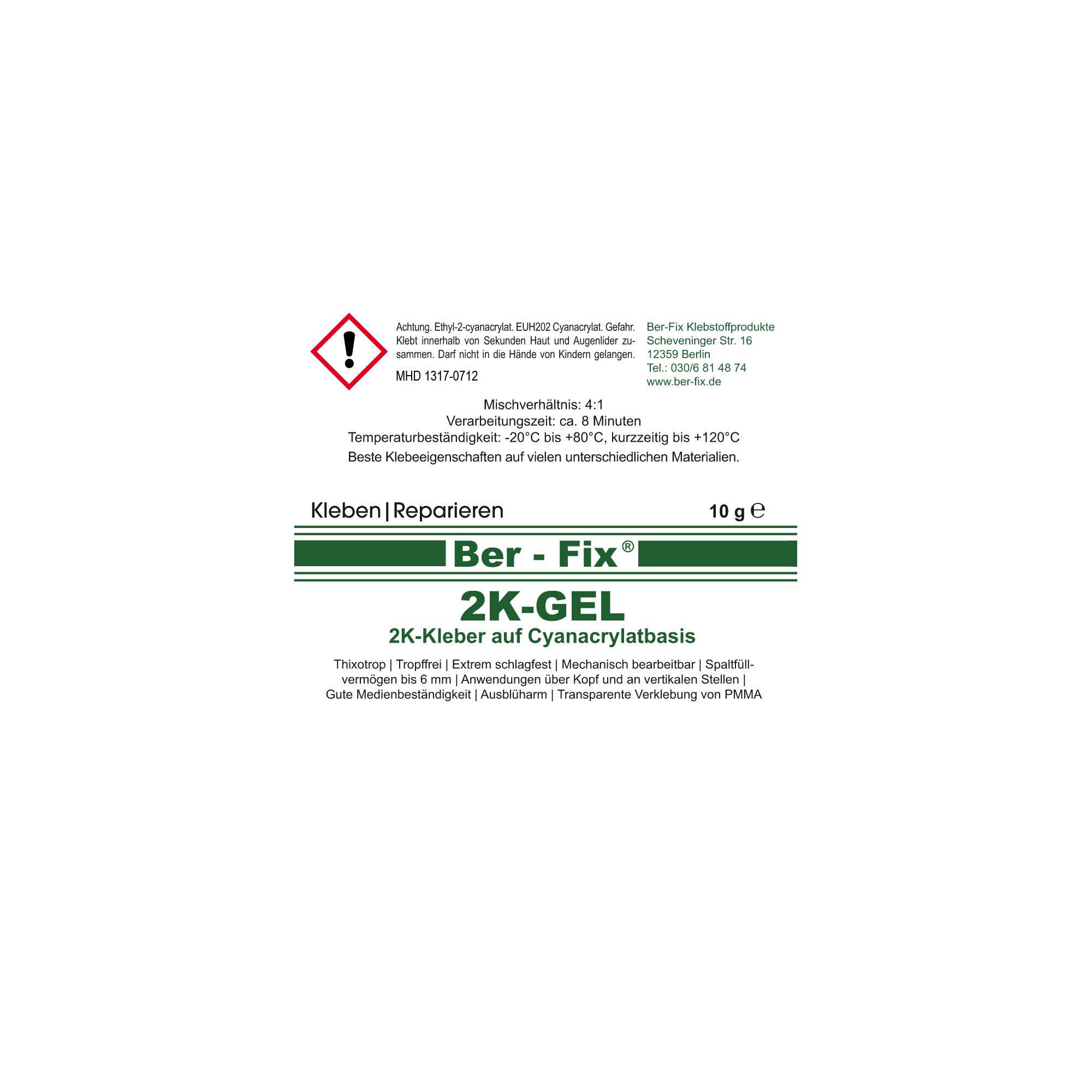 Ber-Fix® 2K-Gel 10g - präziser - Schneller 2-Komponenten-Kleber für Kunststoff, Metall - Glas - Ideal für Feine Reparaturen