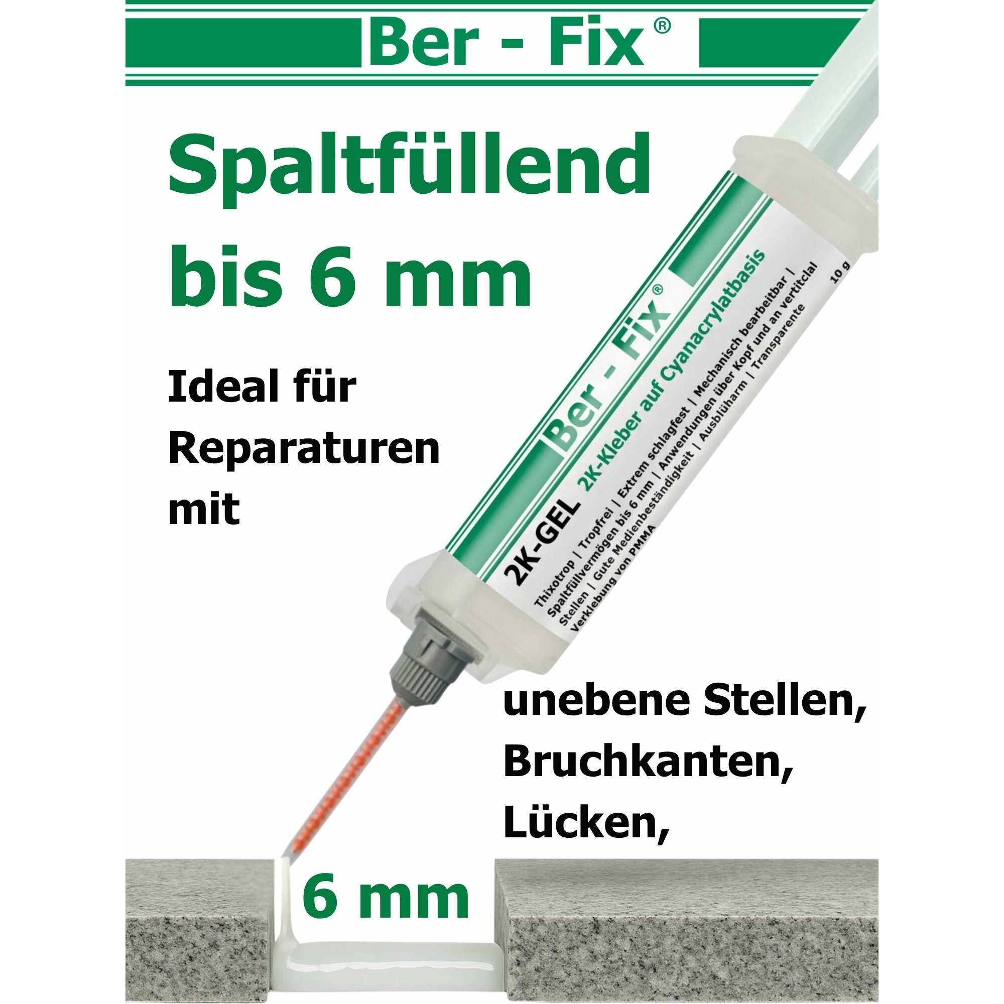 Ber-Fix® 2K-Gel 10g - präziser - Schneller 2-Komponenten-Kleber für Kunststoff, Metall - Glas - Ideal für Feine Reparaturen
