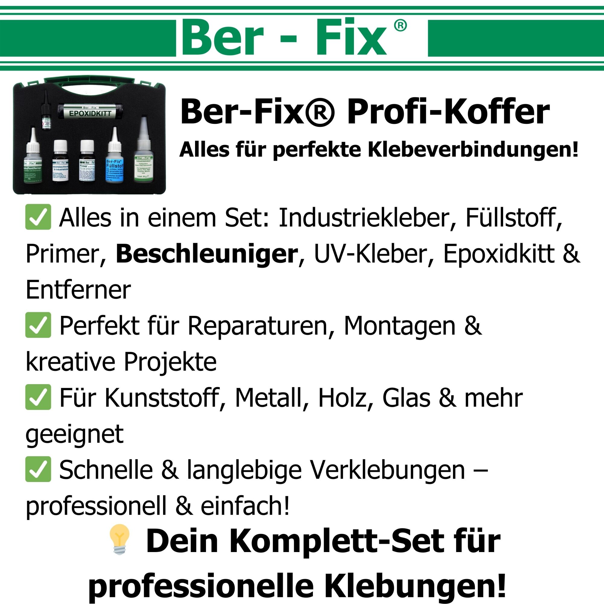 Ber-Fix® Füllstoff-Set Schwarz Standard – 20 g Industriekleber + 30 g Granulat Schwarz + 20 ml Reiniger