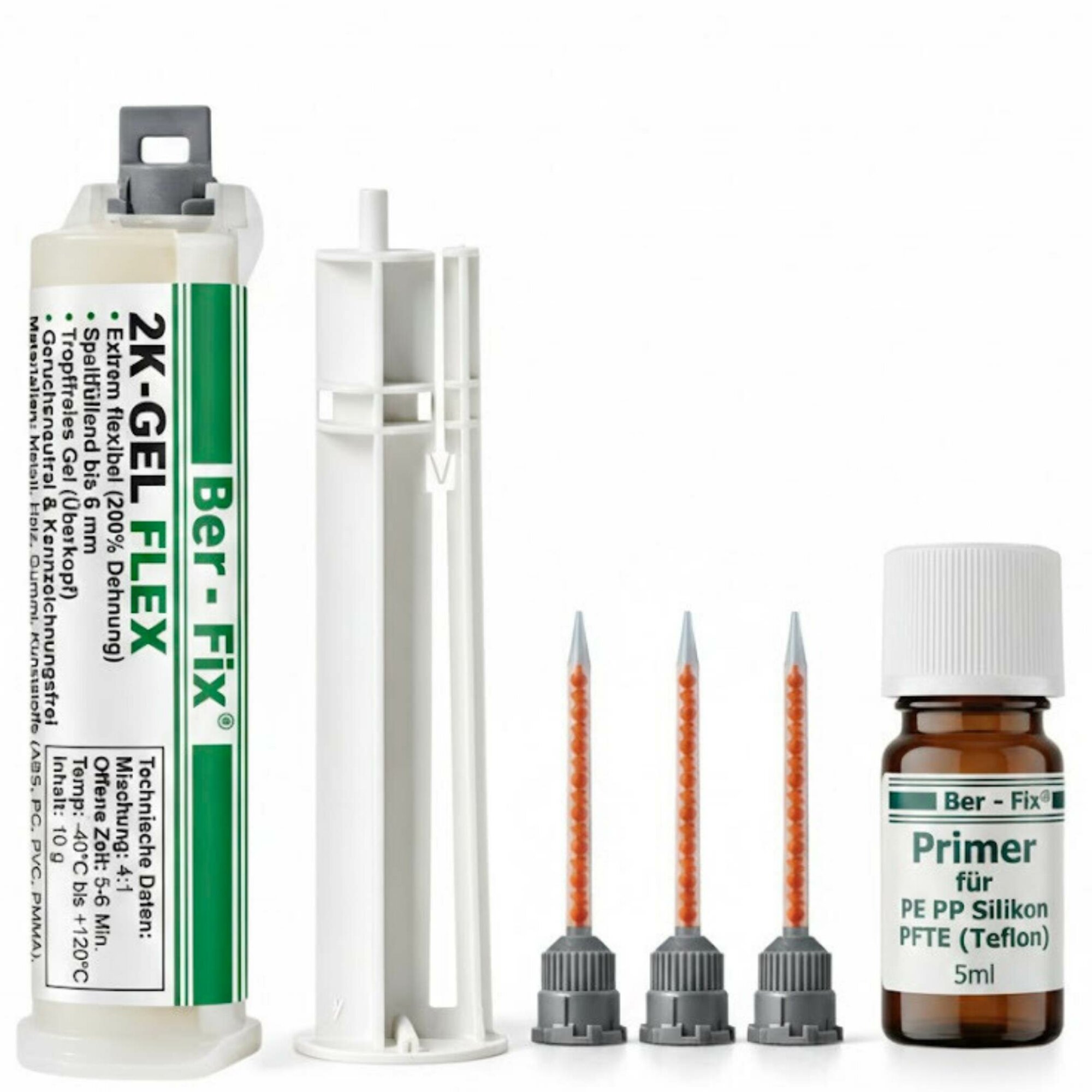 Ber-Fix® 2K-GEL FLEX 10g Set: 3 Düsen + Primer für PE PP – Vibrationsbeständig