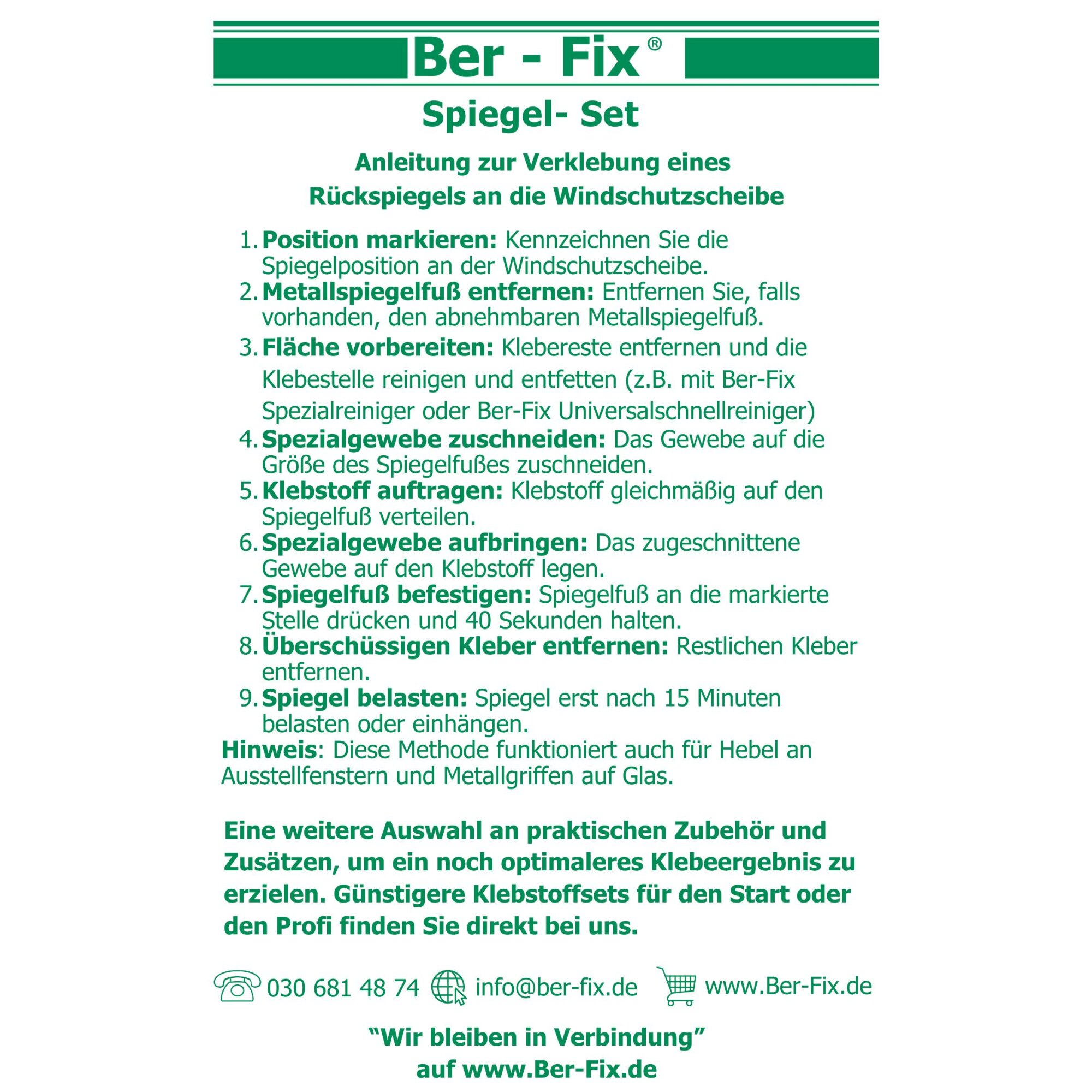 Ber-Fix® Spiegel-Set – Schnelle & Sichere Befestigung von Rückspiegeln an Windschutzscheiben | Dauerhafte Glas-Metall-Verbindung