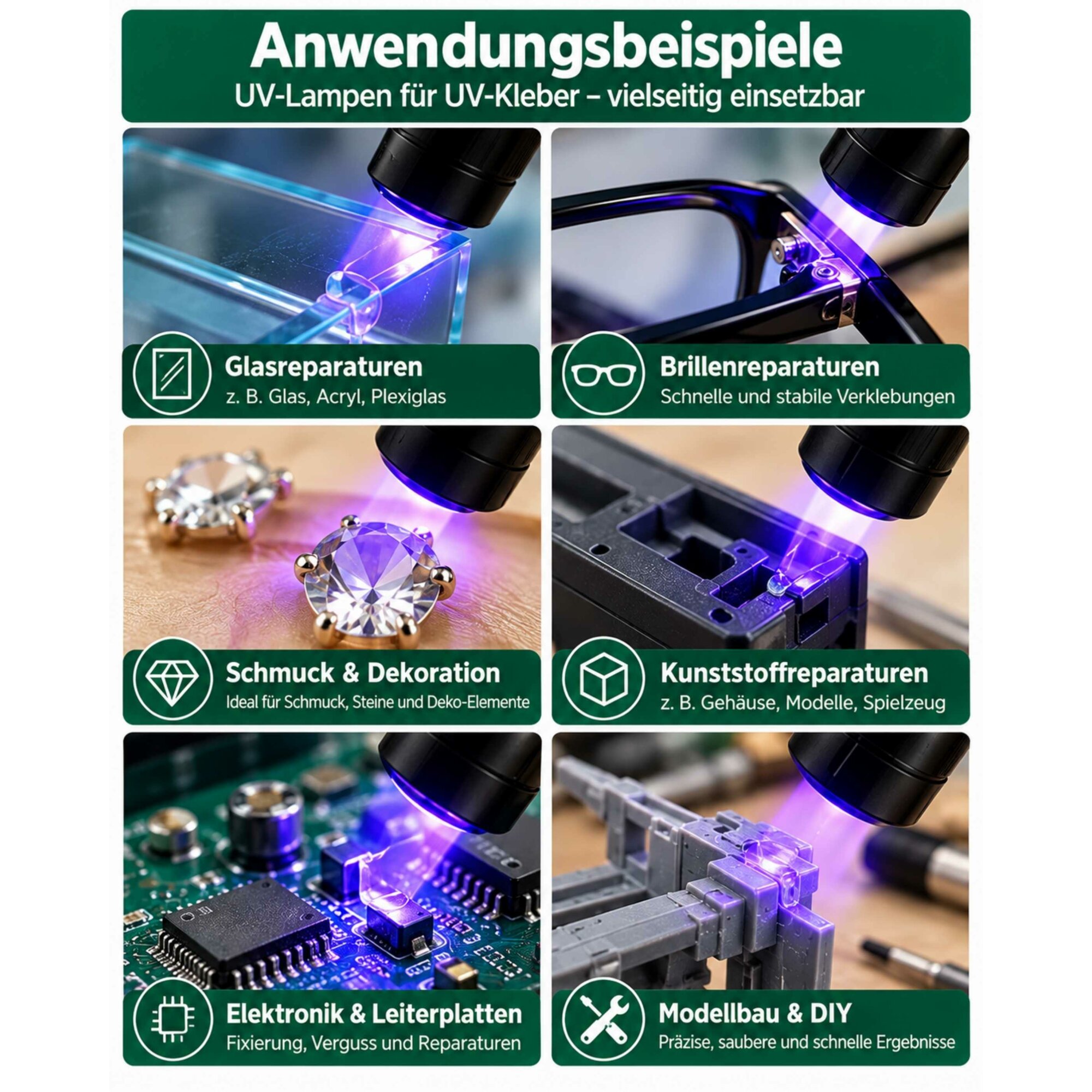 Ber-Fix® UV-Taschenlampen für UV-Kleber – 12 oder 21 LED, 390–410 nm