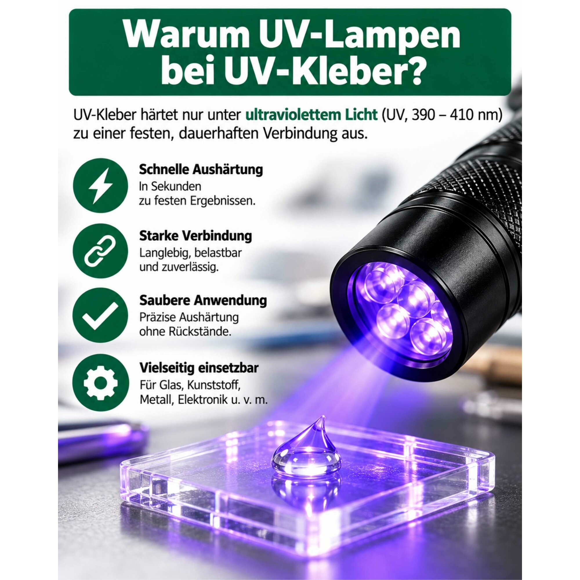Ber-Fix® UV-Taschenlampen für UV-Kleber – 12 oder 21 LED, 390–410 nm