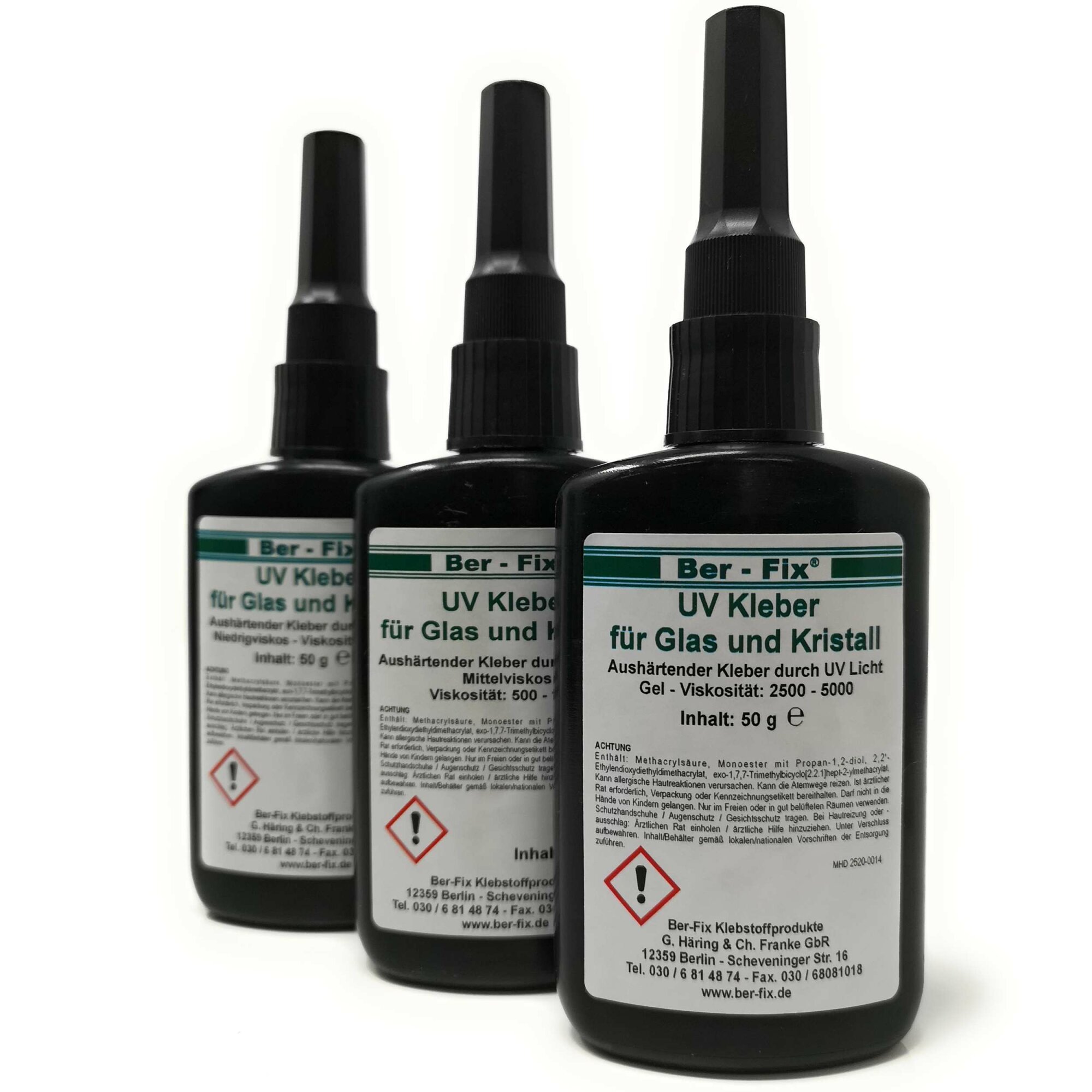 Ber-Fix® UV Kleber | Set aus 3x 50g (dünnflüssig 50-100, dickflüssig 500-1000, gel 2500-5000)