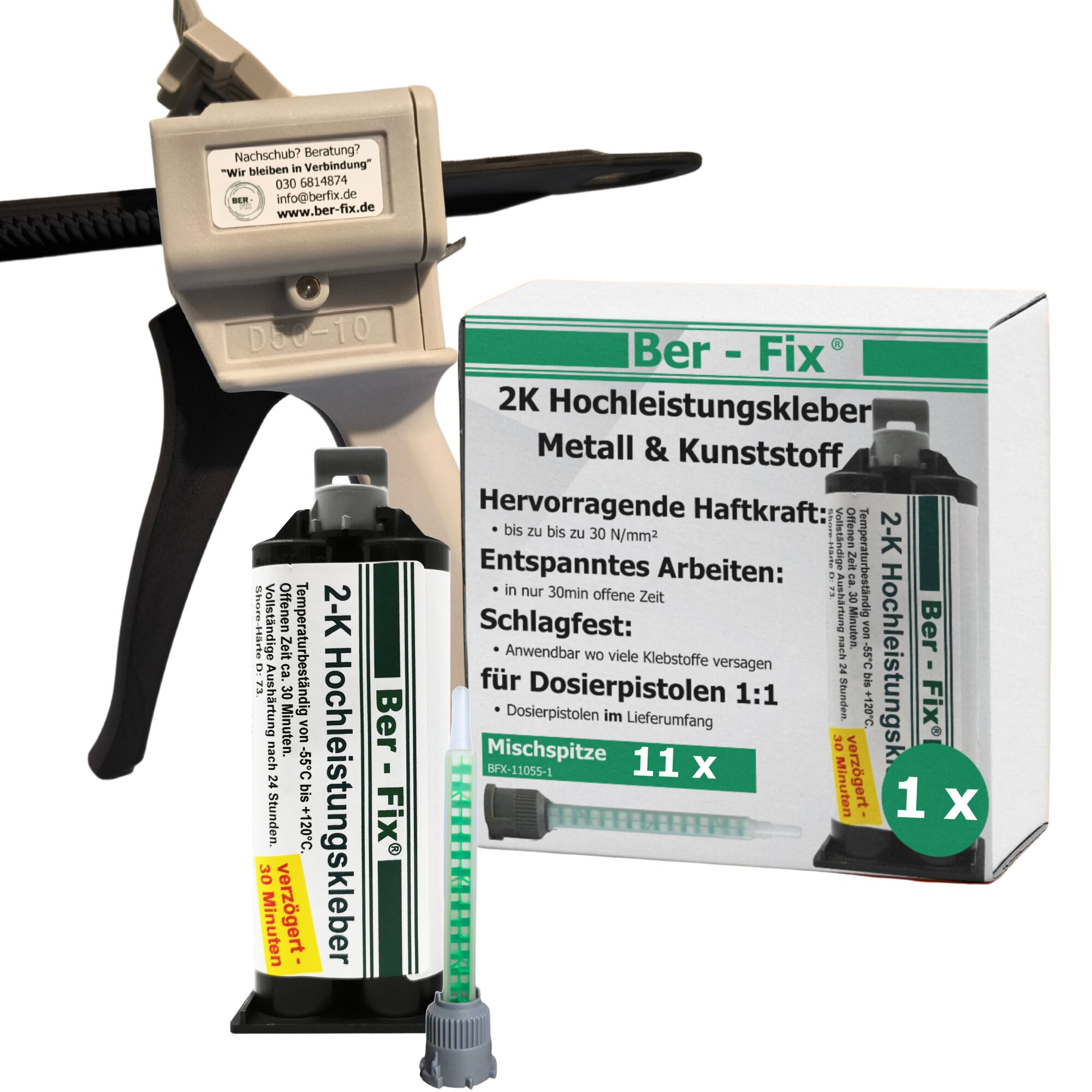 Ber-Fix® 2K-Hochleistungskleber 50g 30 Min. + 10 Extra Düsen + Dosierpistole