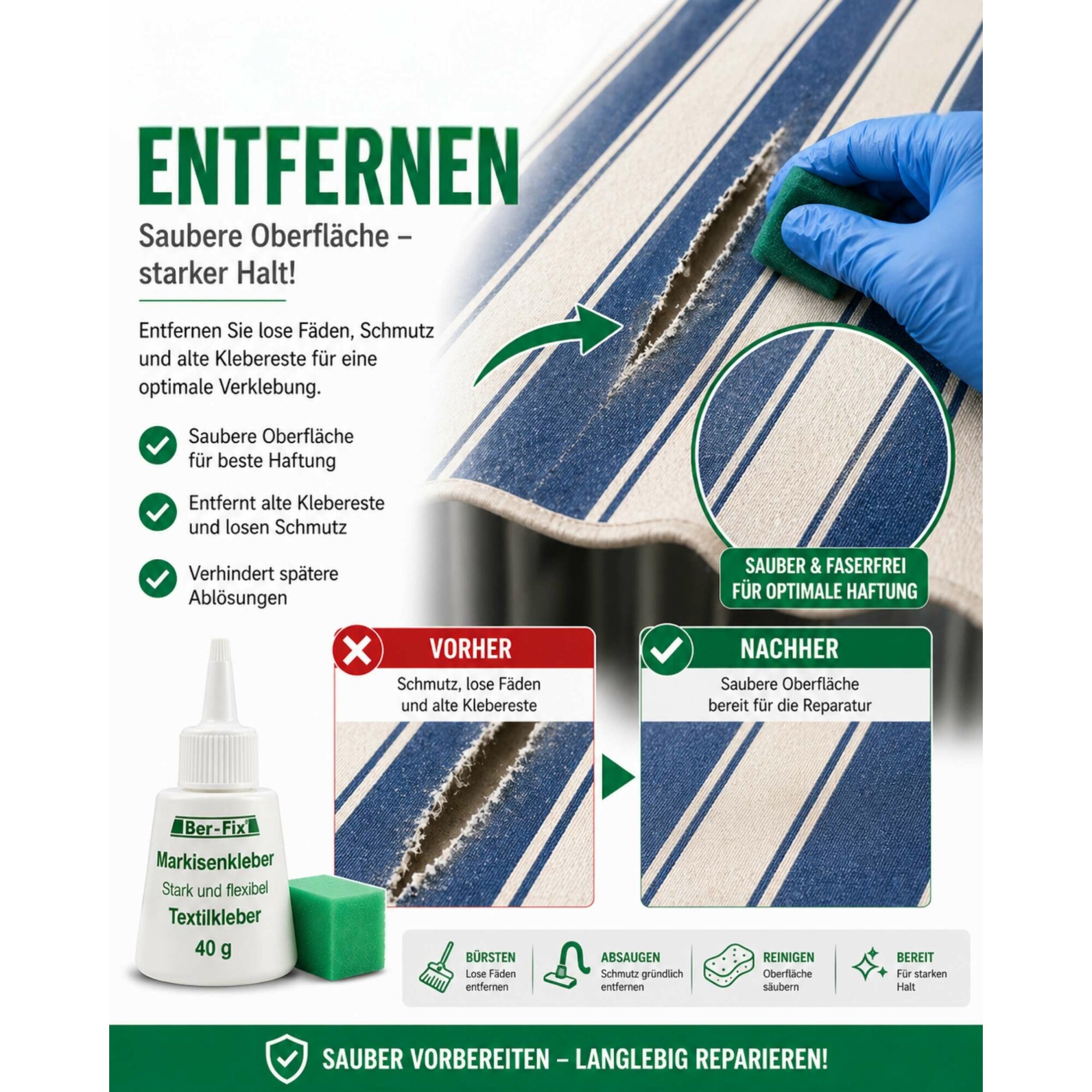 Ber-Fix® Textilkleber für Markisen 150 g – mehrere Nähte und Risse