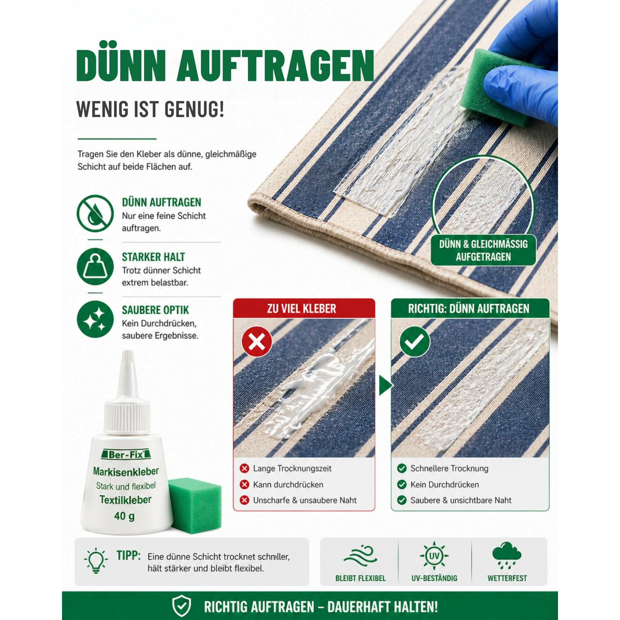 Ber-Fix® Textilkleber für Markisen 150 g – mehrere Nähte und Risse