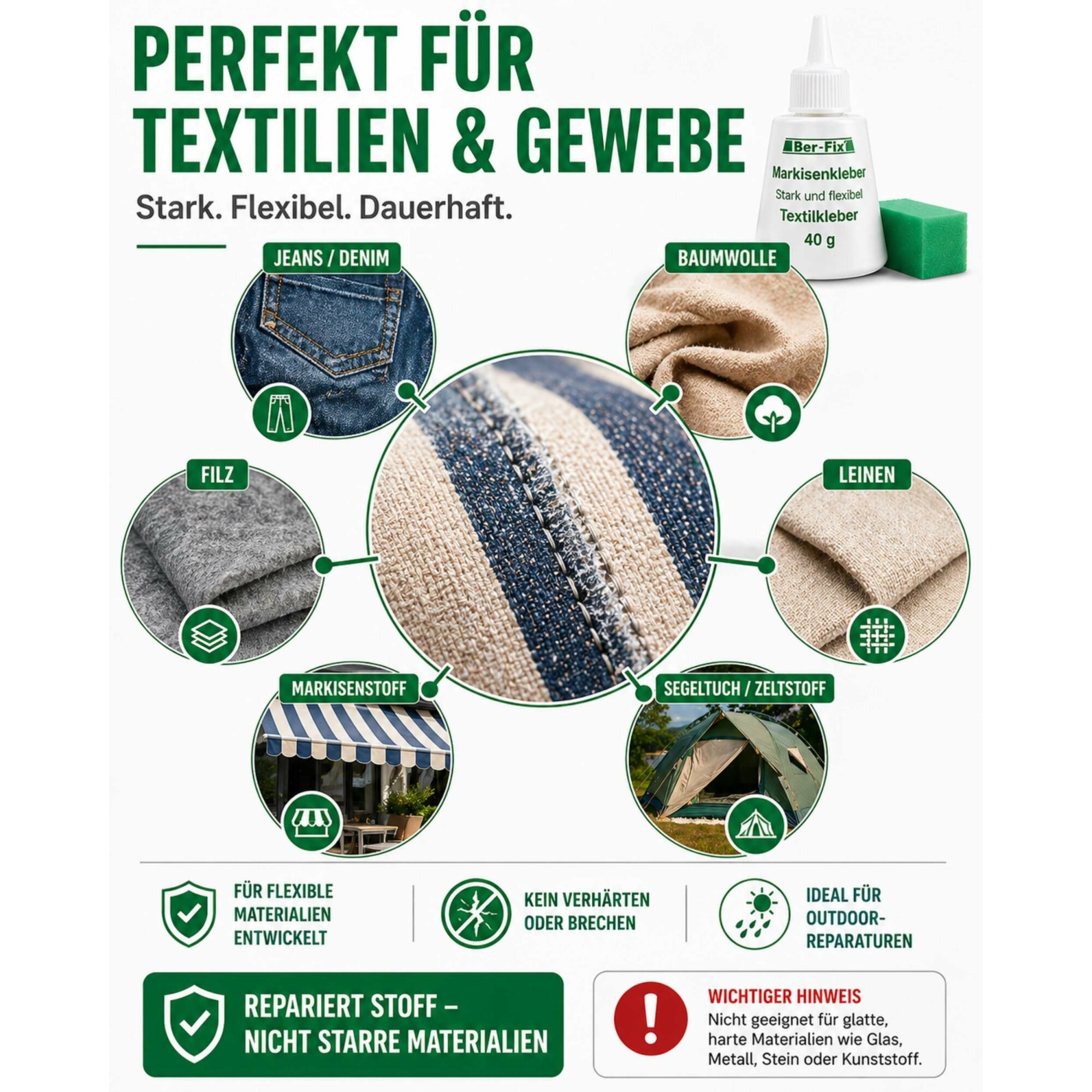 Ber-Fix® Textilkleber für Markisen 150 g – mehrere Nähte und Risse