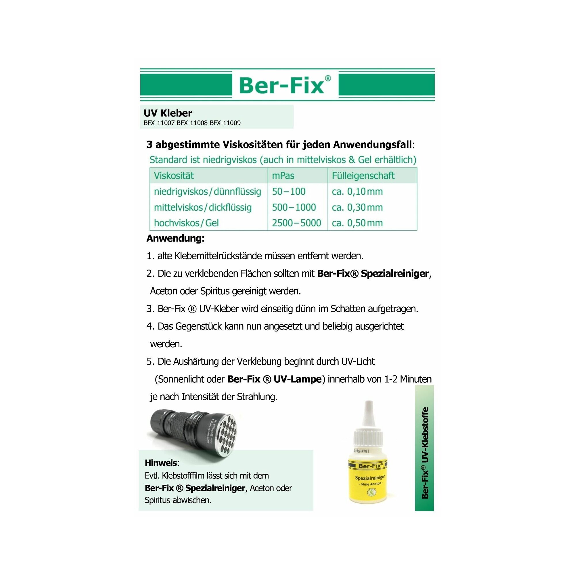 Ber-Fix UV Kleber zum Kennen lernen im Set 3x 3g zum Kleben von Glas mit Metall + 12 LED UV Taschenlampe 405nm