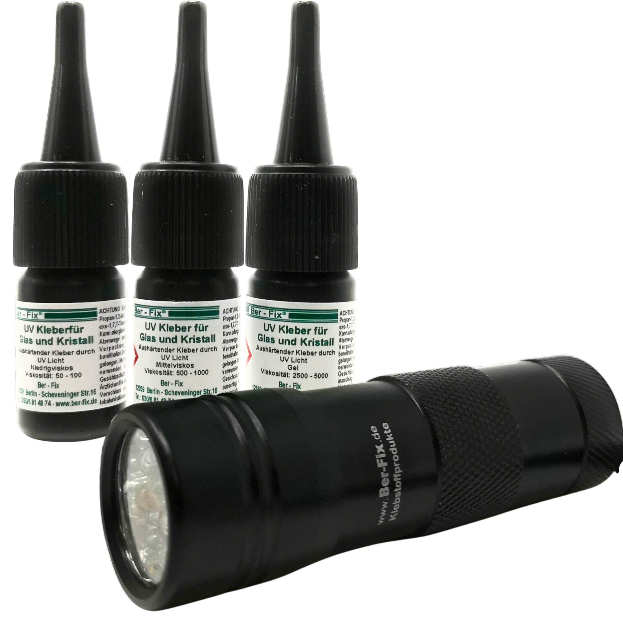 Ber-Fix UV Kleber zum Kennen lernen im Set 3x 3g zum Kleben von Glas mit Metall + 12 LED UV Taschenlampe 405nm