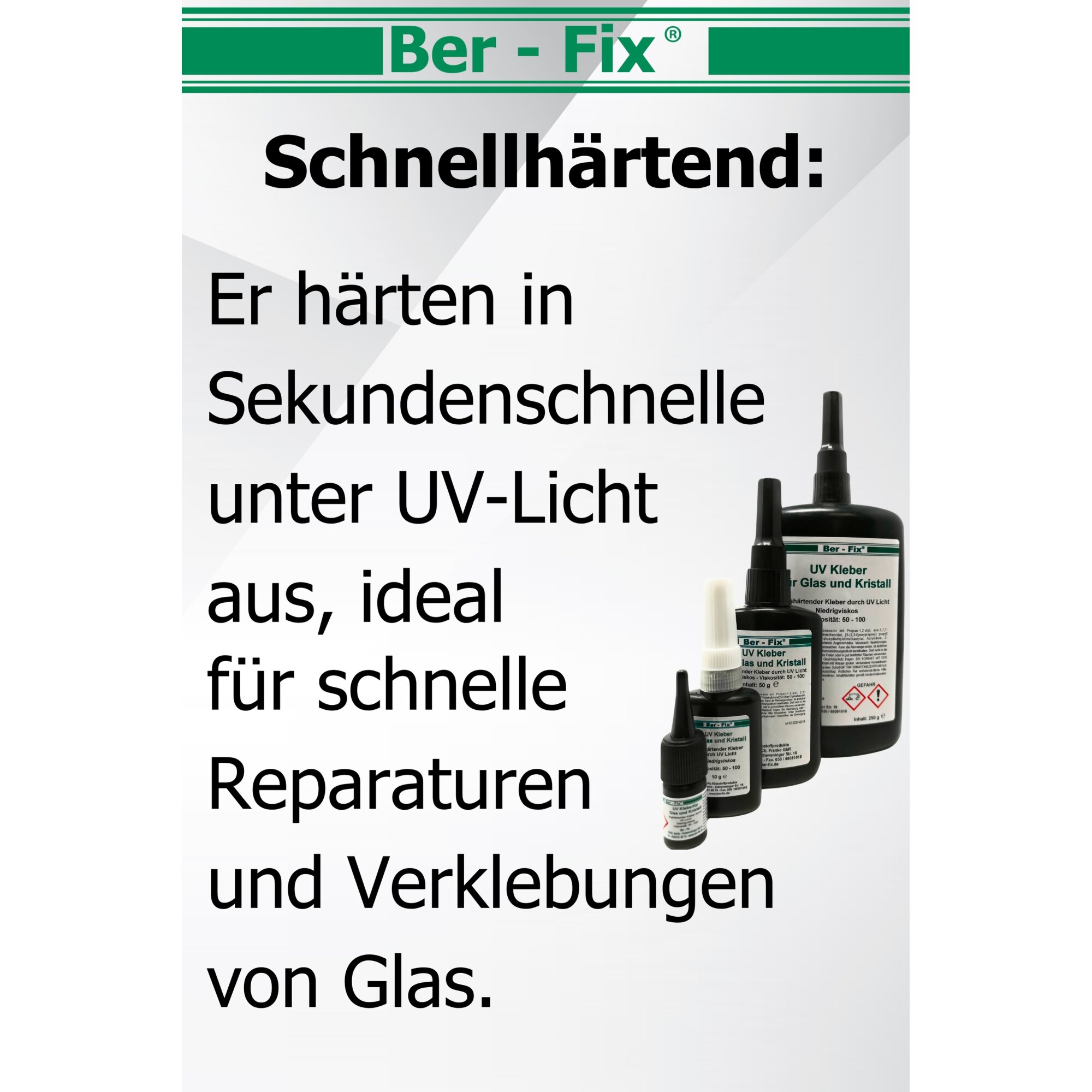 Ber-Fix UV Kleber zum Kennen lernen im Set 3x 10g zum Kleben von Glas mit Metall + 21 LED UV Taschenlampe 395nm
