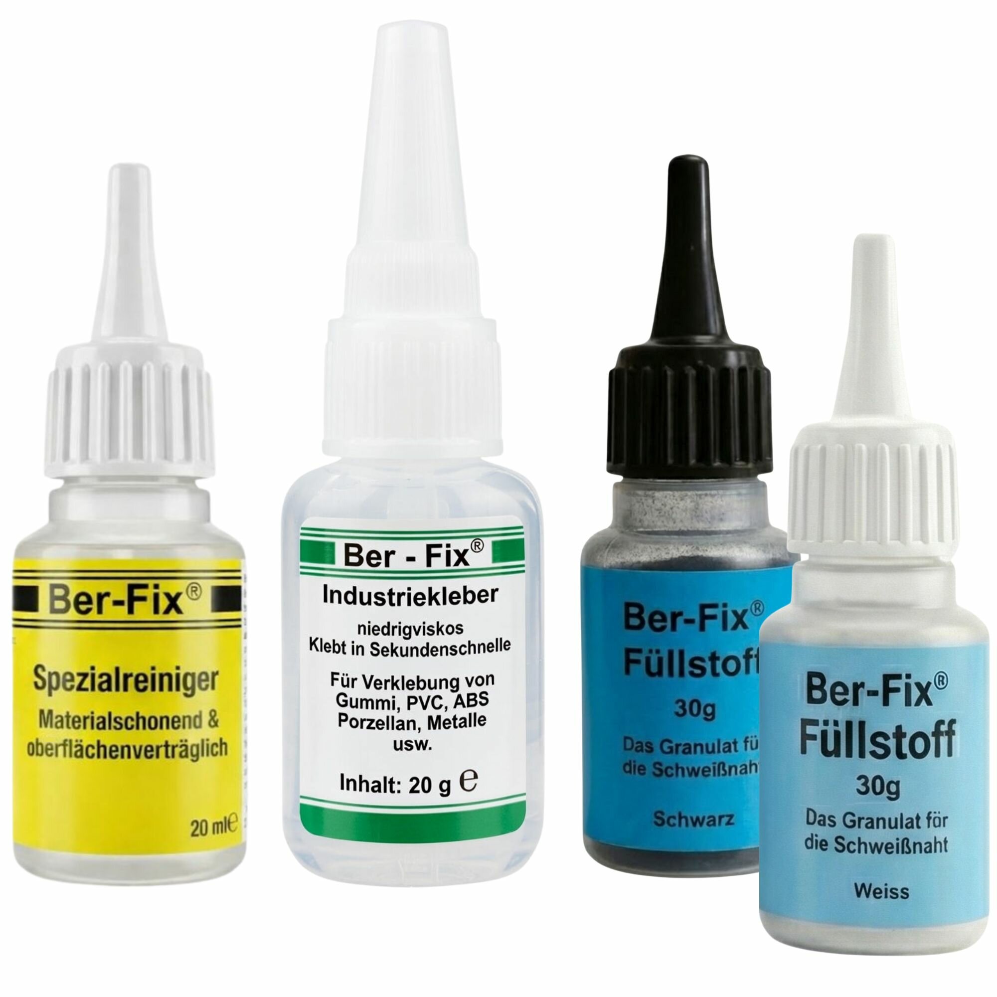 Ber-Fix® Füllstoff-Set Schwarz + Weiß Standard – 20 g Industriekleber + je 30 g Granulat Schwarz/Weiß + 20 ml Reiniger
