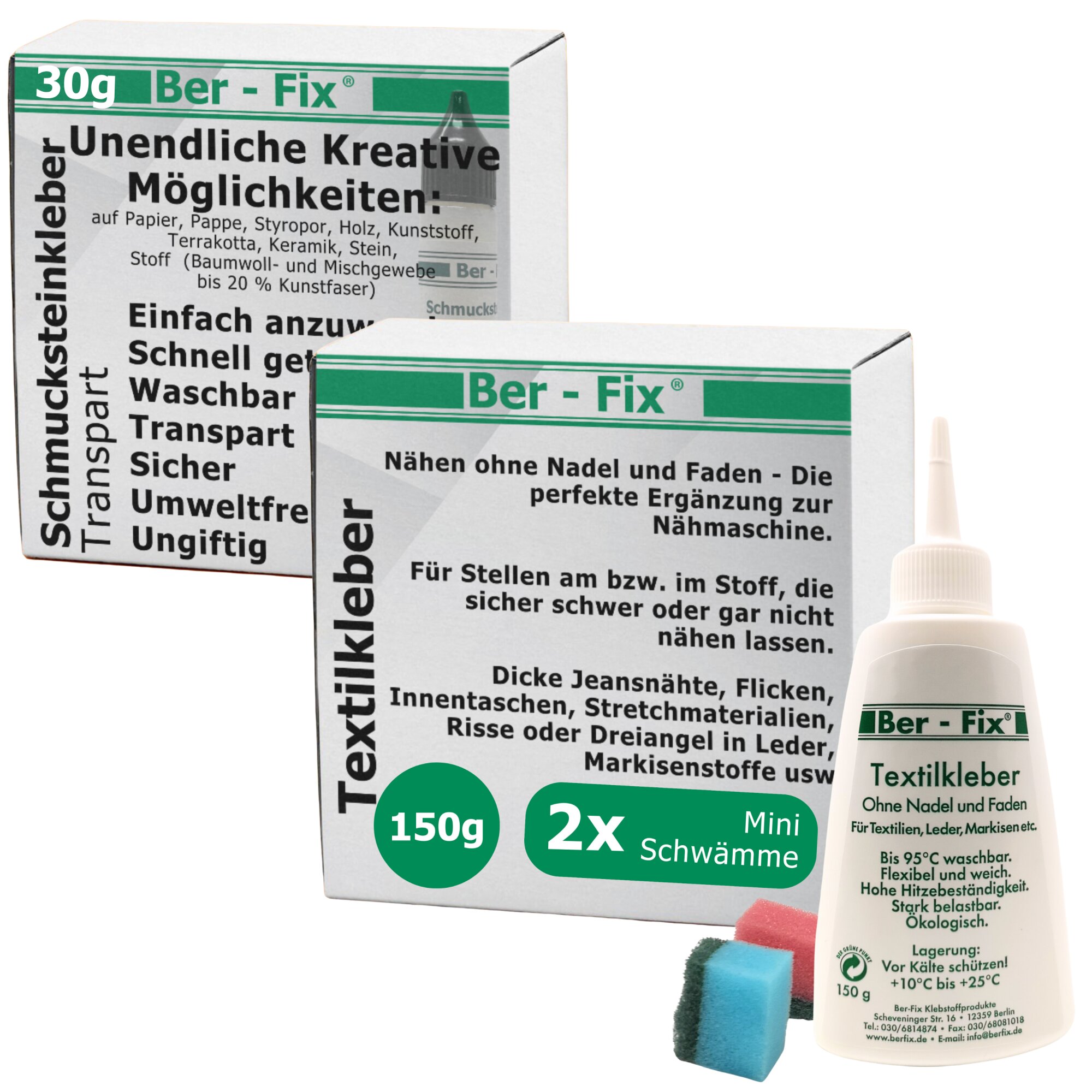 Ber-Fix® Textil-Designer- Set MITTEL: 150g Textilkleber + 30g Schmucksteinkleber