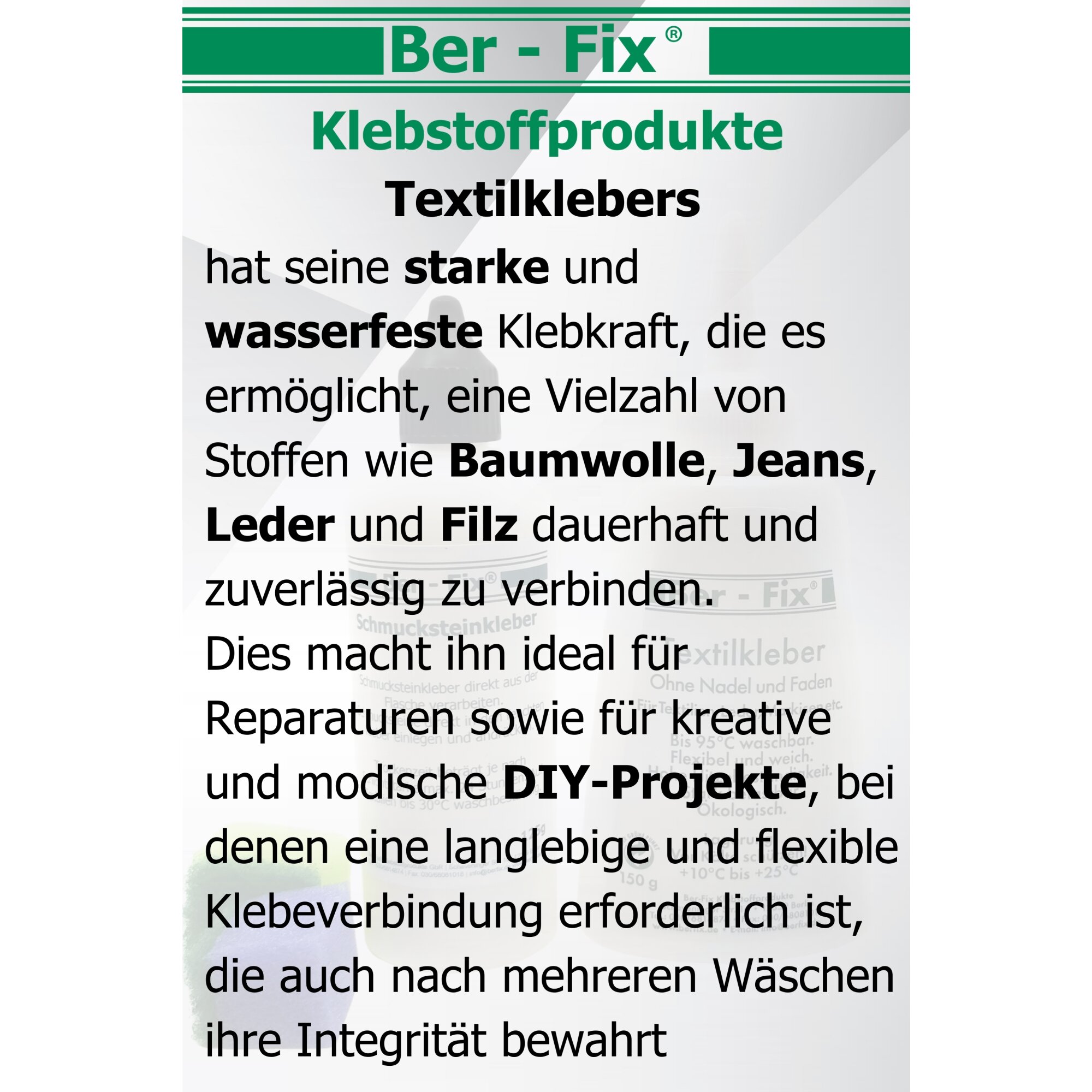 Ber-Fix® Textil-Designer- Set MITTEL: 150g Textilkleber + 30g Schmucksteinkleber
