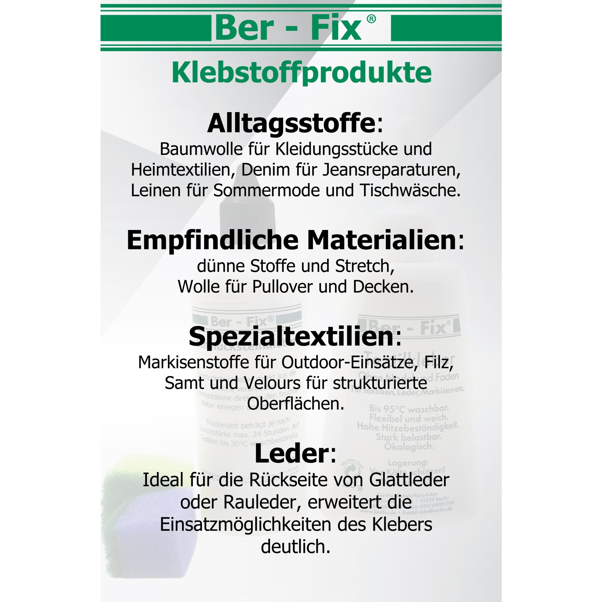 Ber-Fix® Textil-Designer- Set MITTEL: 150g Textilkleber + 30g Schmucksteinkleber