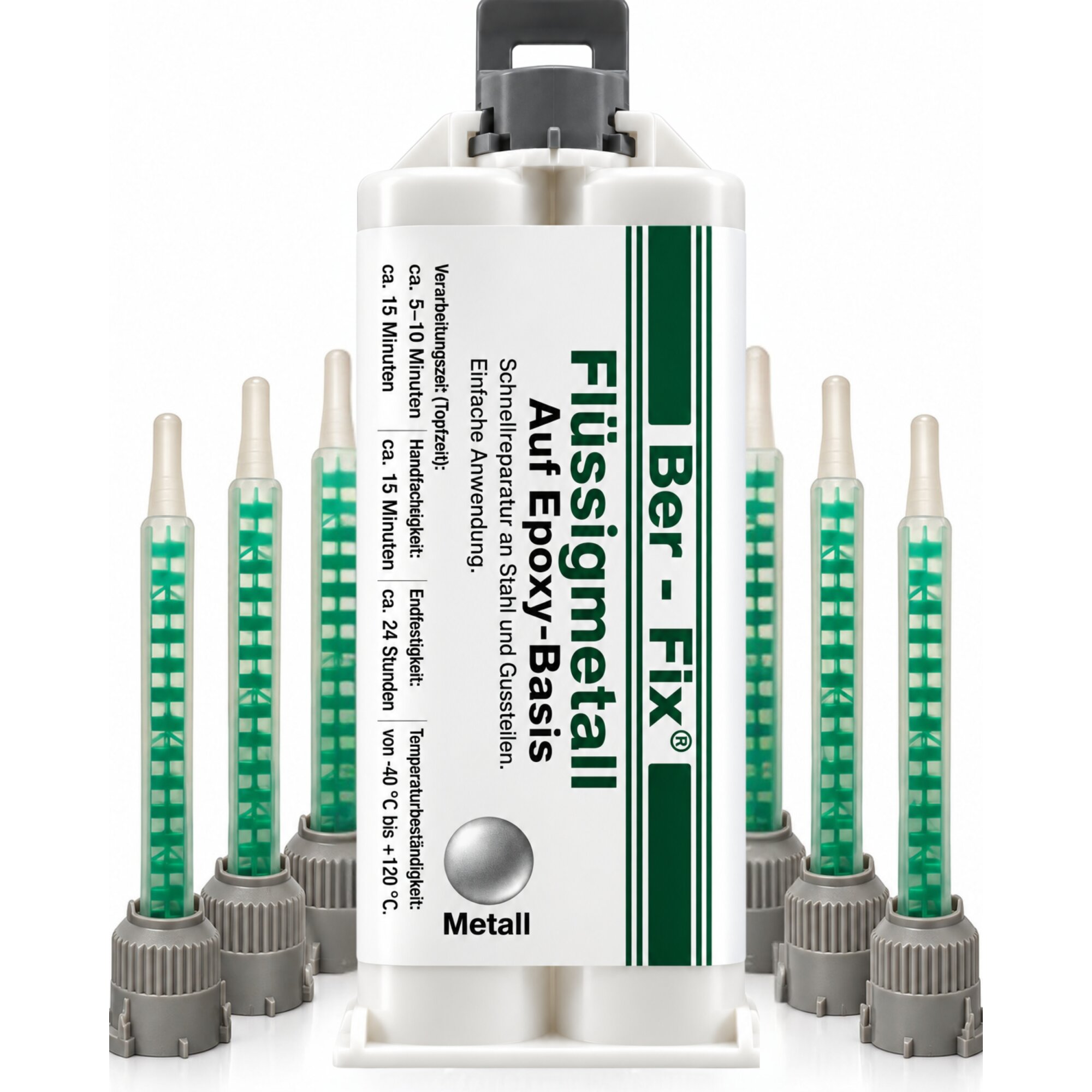 Ber-Fix® Flüssigmetall 50 g – 2K Epoxid-Metallreparatur für Landmaschinen & Gehäuse + 5 Extra-Düsen