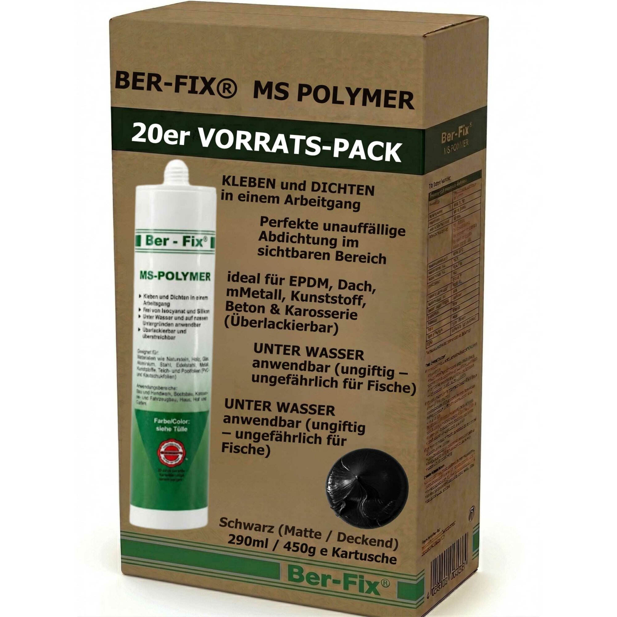 Ber-Fix® MS Polymer Schwarz – EPDM Kleber, Dachabdichtung & Karosserie Hybrid-Dichtstoff (20er Industriepack)