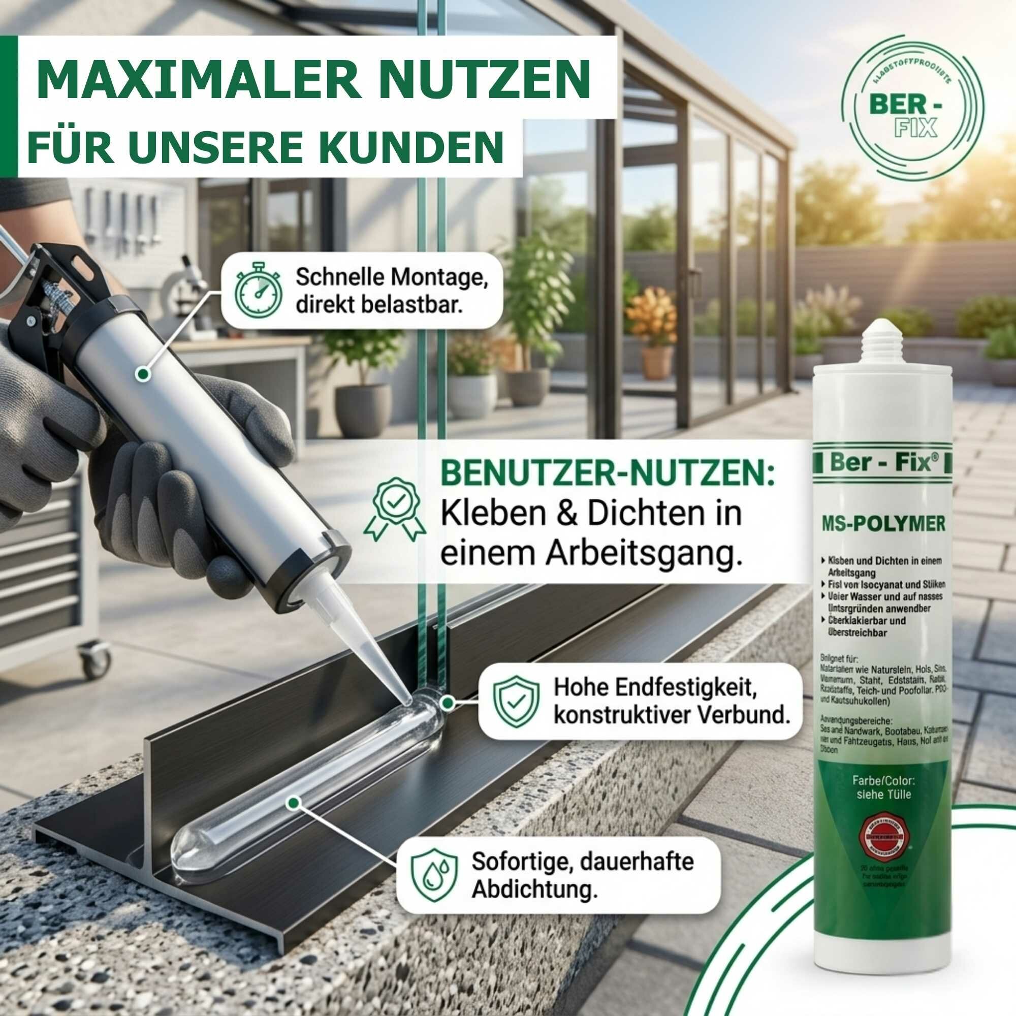 10x Ber-Fix® MS Polymer Transparent – Glaskleber, Design-Fuge & Kristallklarer Montage-Hybrid