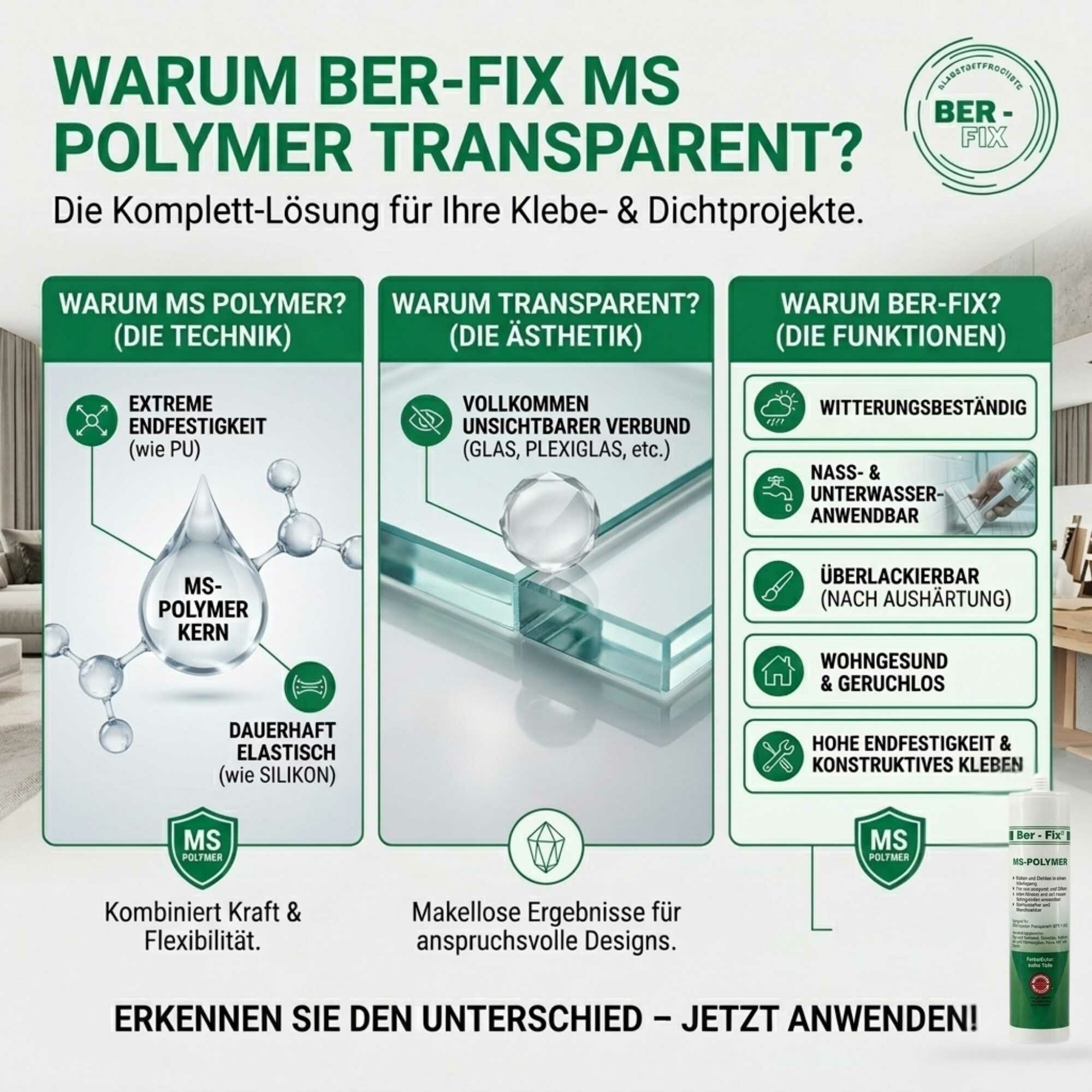 20x Ber-Fix® MS Polymer Transparent – Glaskleber, Design-Fuge & Kristallklarer Montage-Hybrid