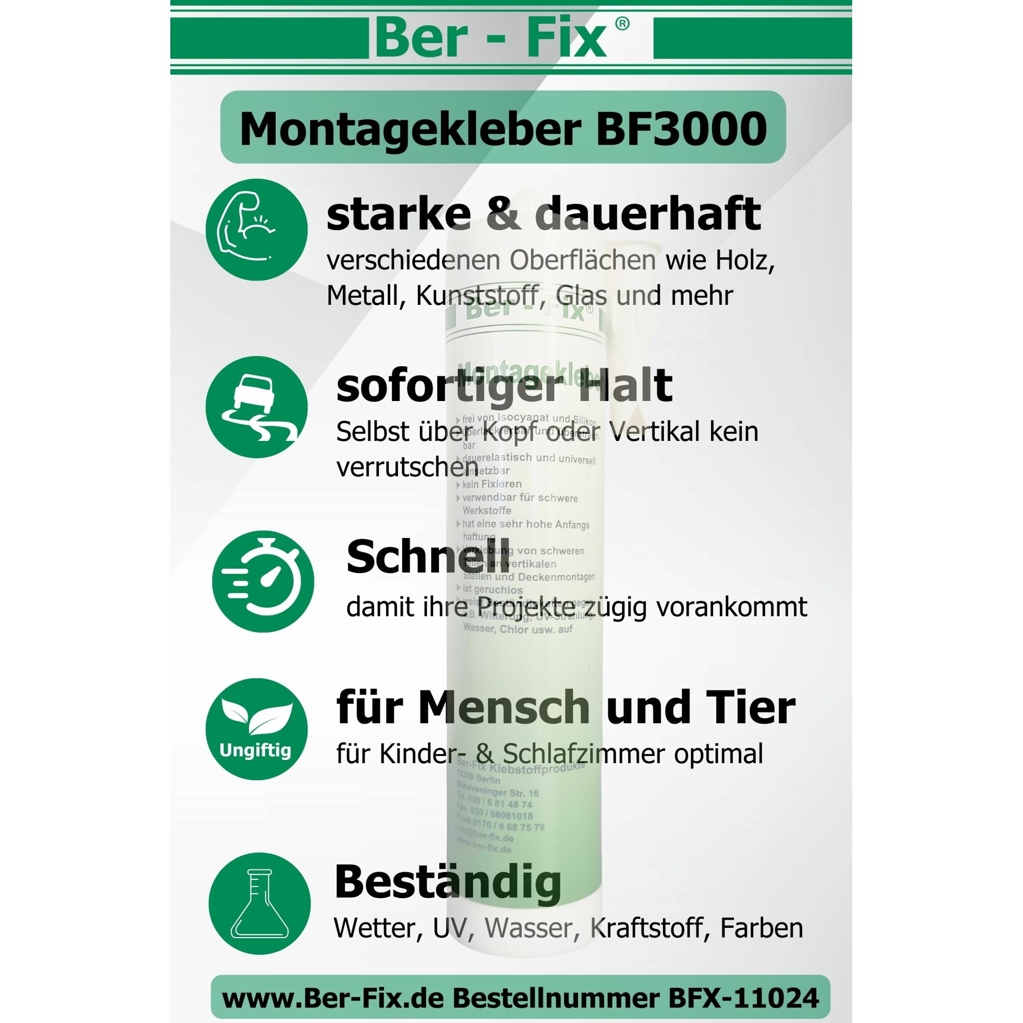 Ber-Fix® Montagekleber BF3000 – High-End Hybrid Konstruktionskleber mit extremem Sofort-Halt (5er Vorteilspack)