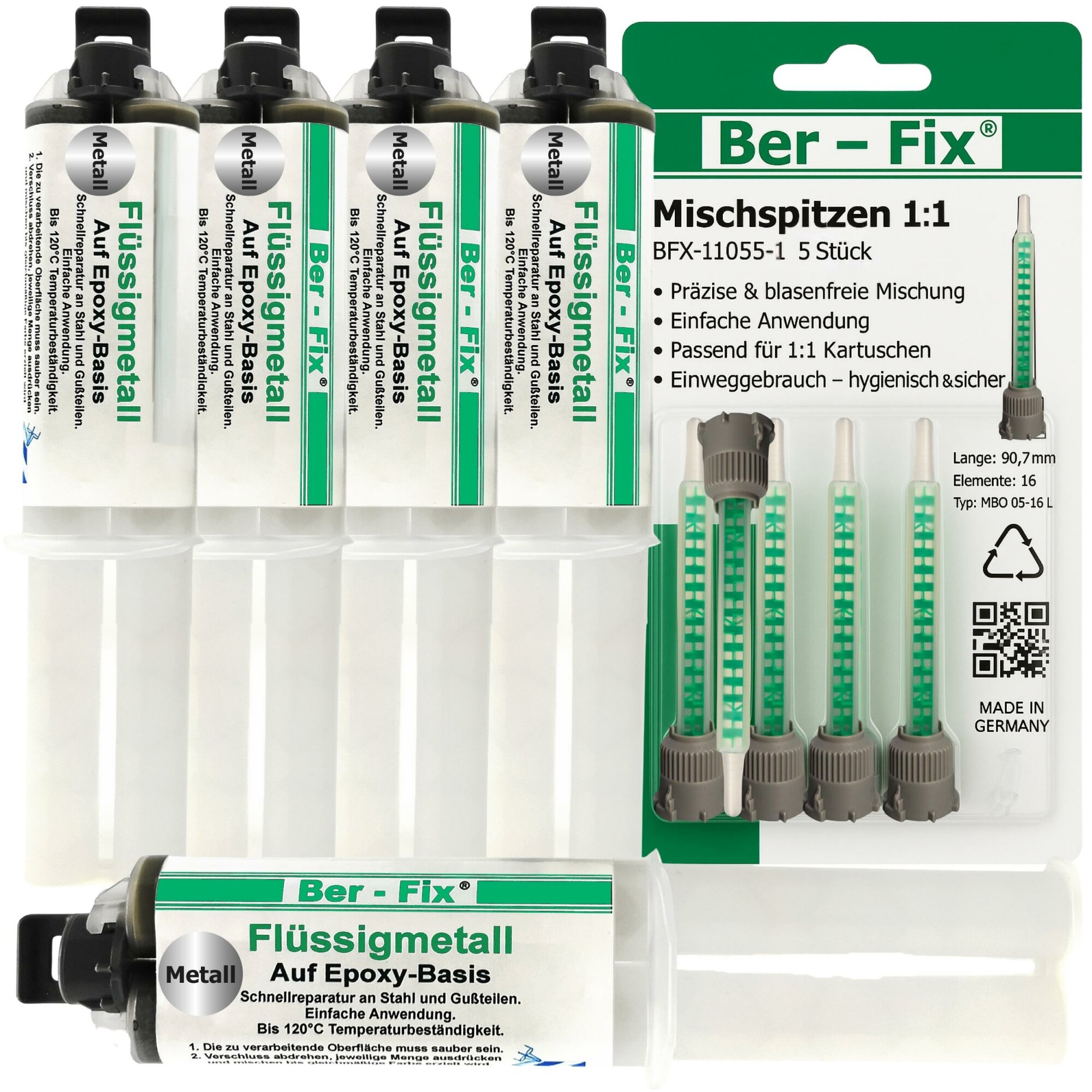 Ber-Fix® Flüssigmetall 5 × 25g – metallgefüllter 2K-Epoxid-Metallkleber für Werkstattvorrat und Reparaturservice, mit 5 Mischdüsen, ohne Pistole