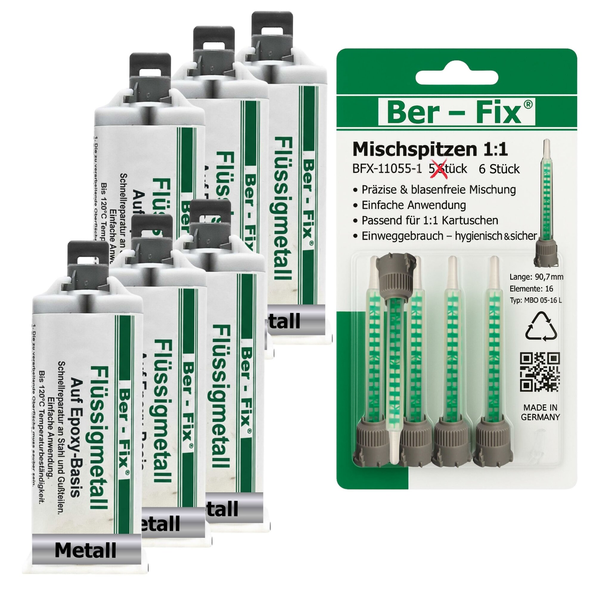 Ber-Fix® Flüssigmetall 6 × 50g – metallgefüllter 2K-Epoxid-Metallkleber für Landmaschinen und Gerätegehäuse, für 1:1-Dosierpistole