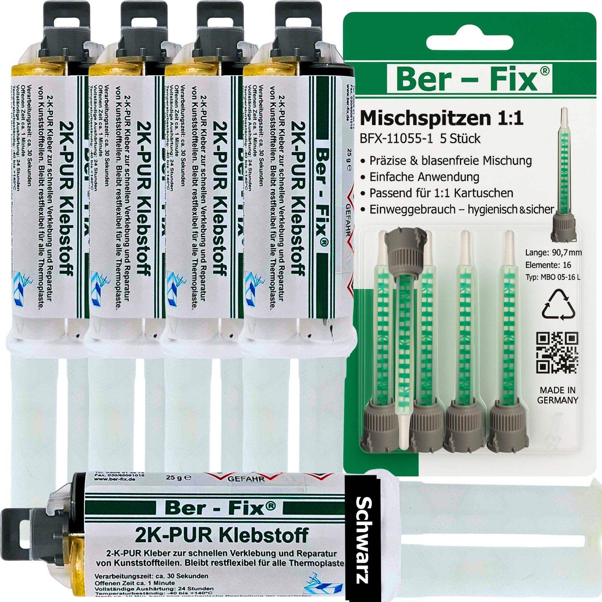 Ber-Fix® 2K-PUR Kleber schwarz – Hochfester Konstruktionskleber – 5x 25g