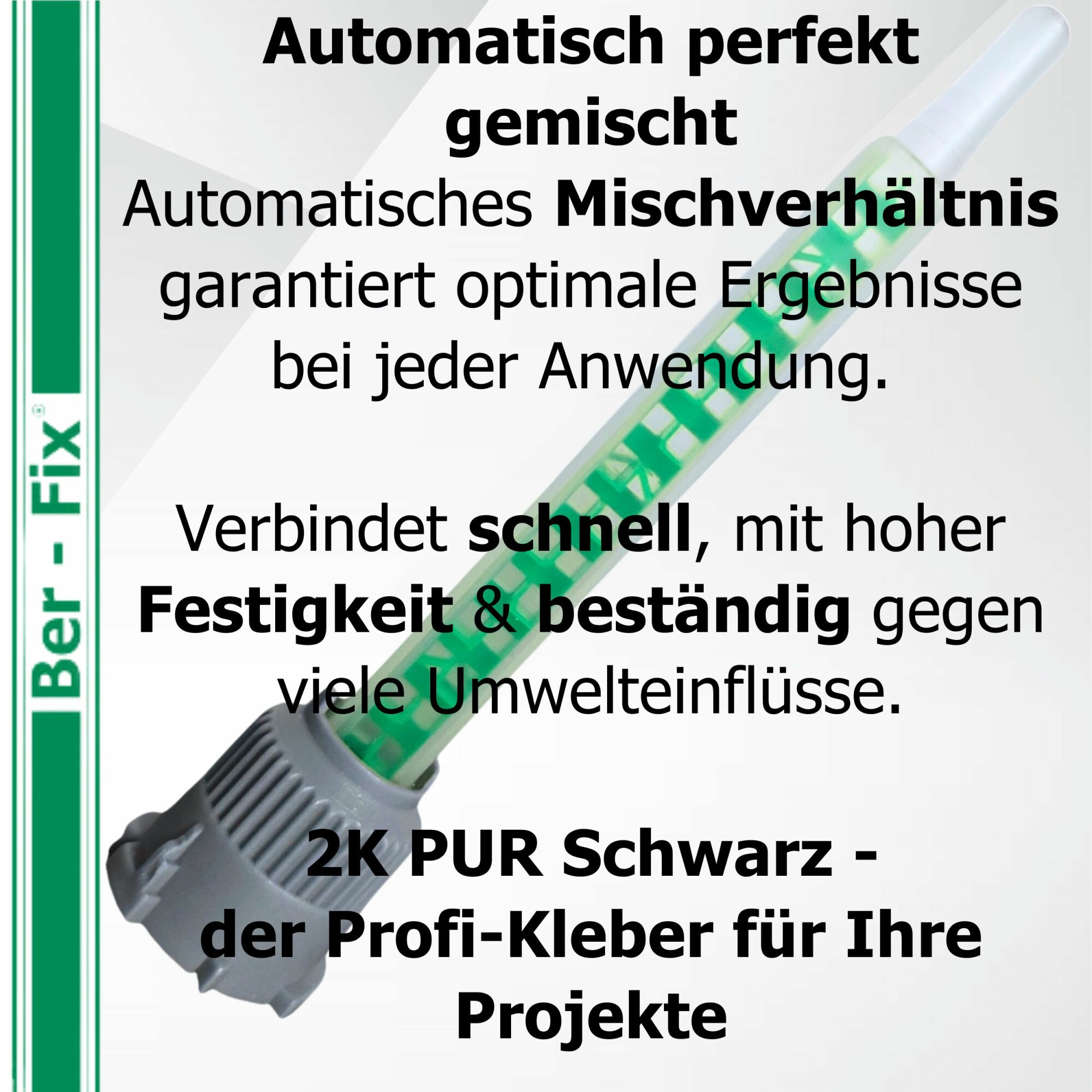 Ber-Fix® 2K-PUR Kleber schwarz – Hochfester Konstruktionskleber – 50g + 5 Extra Düsen + Dosierpistole