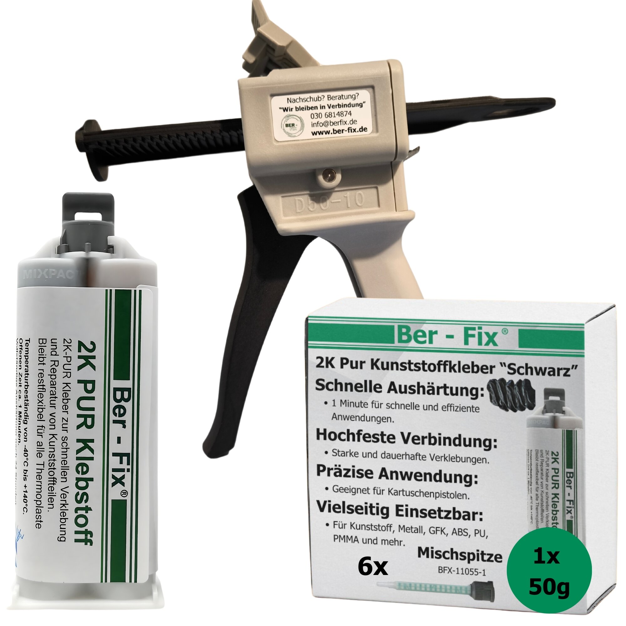 Ber-Fix® 2K-PUR Kleber schwarz – Hochfester Konstruktionskleber – 50g + 5 Extra Düsen + Dosierpistole