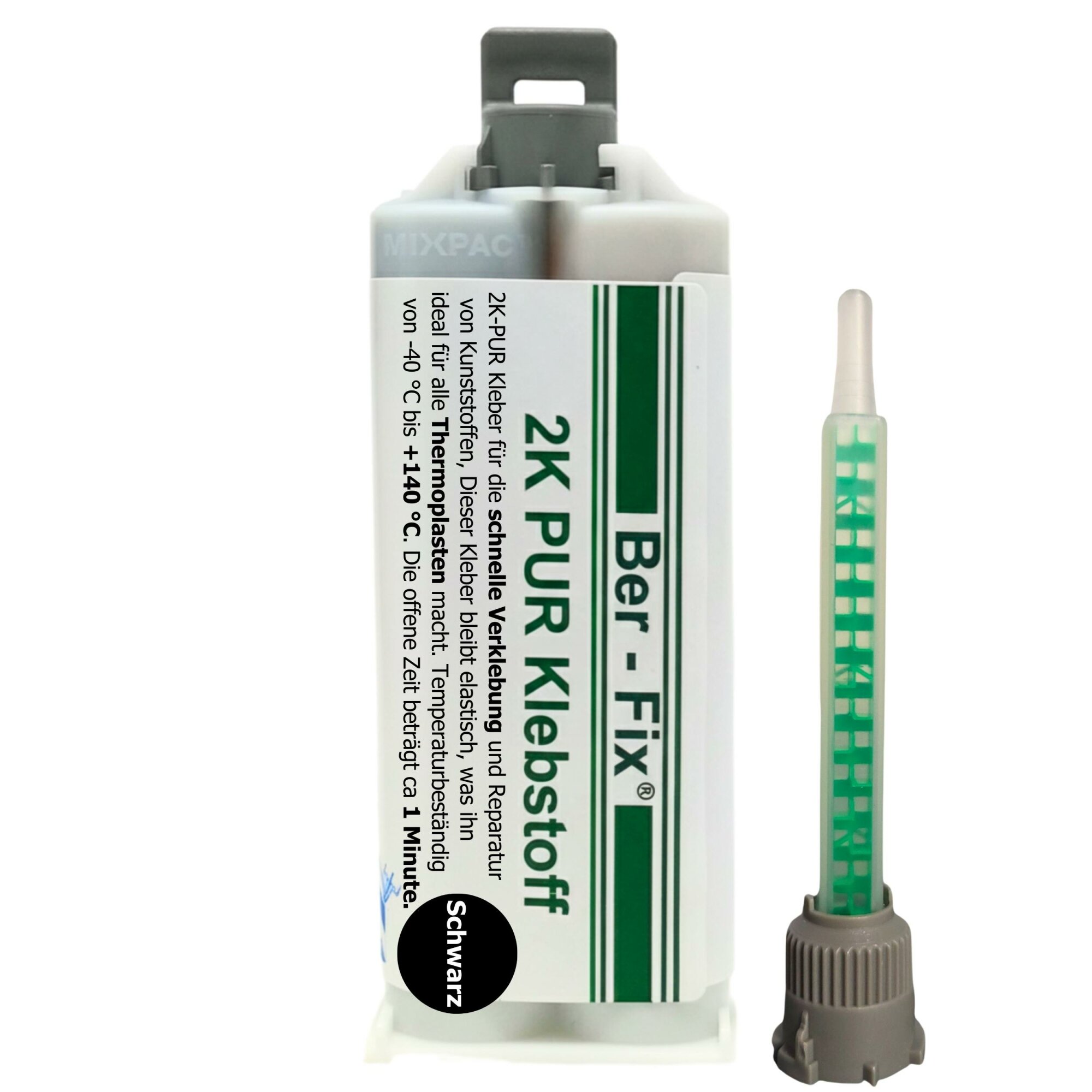 Ber-Fix® 2K-PUR Kleber 50g Schwarz - Hochviskoser Polyurethankleber (60 Sekunden) für Kunststoff - für Dosierpistole, Stark - präzise