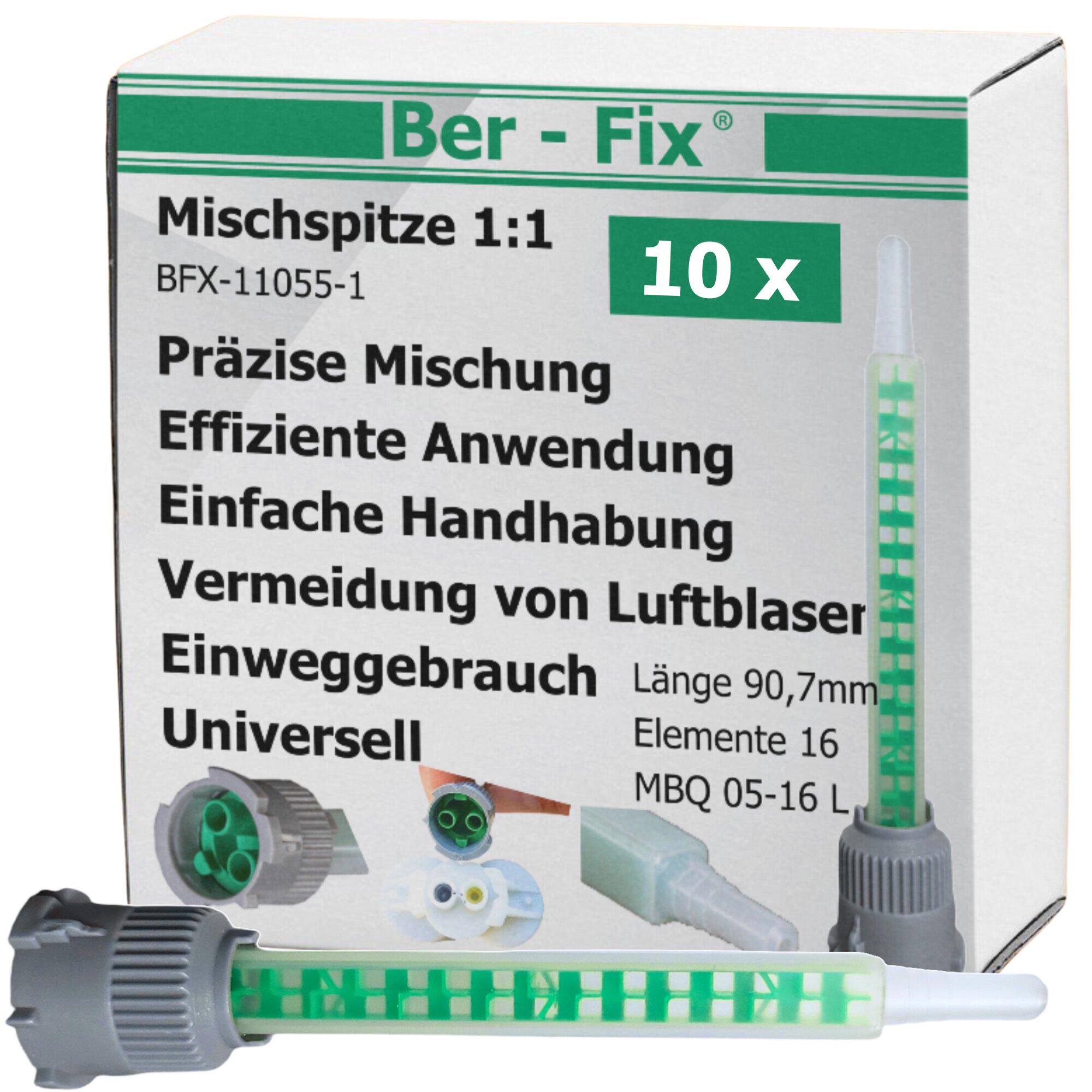 Ber-Fix 10 Mischdüsen 1:1 – Statikmischer für Zwei-Komponenten-Kleber
