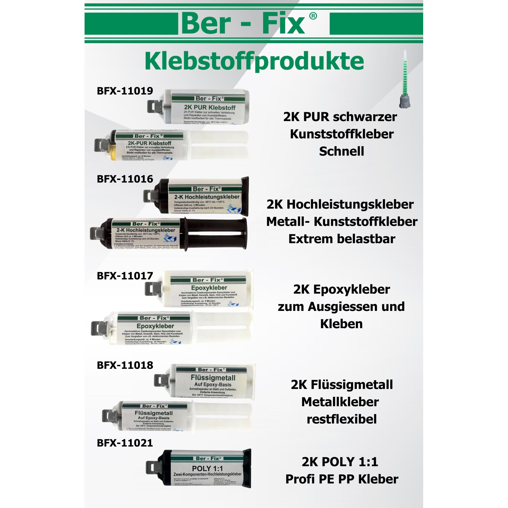 Ber-Fix 25 Mischdüsen 1:1 – Statikmischer für Zwei-Komponenten-Kleber