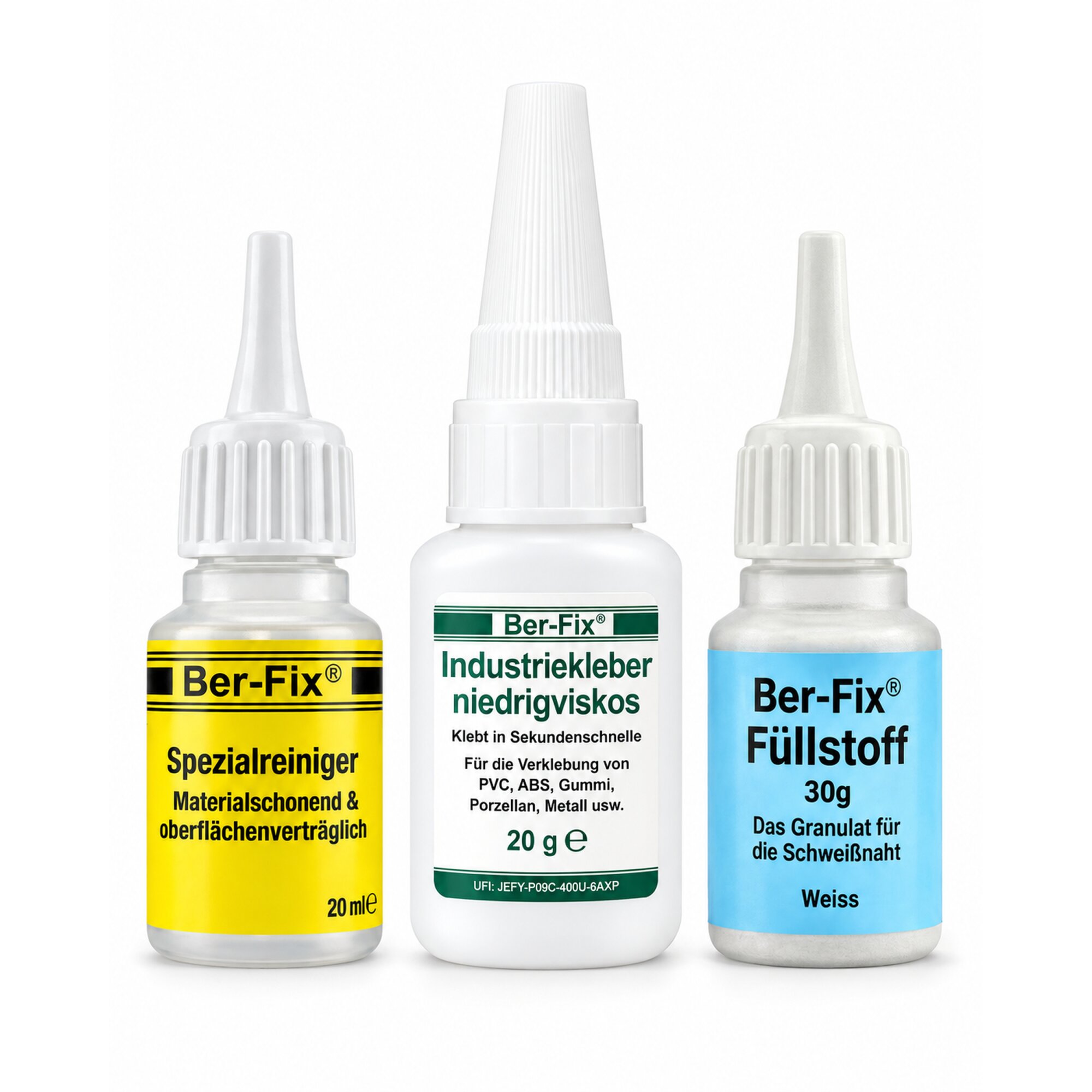 Ber-Fix® Füllstoff-Set Weiß 10er Gewerbepack – 10×20 g Kleber + 300 g Weiß + 200 ml Reiniger