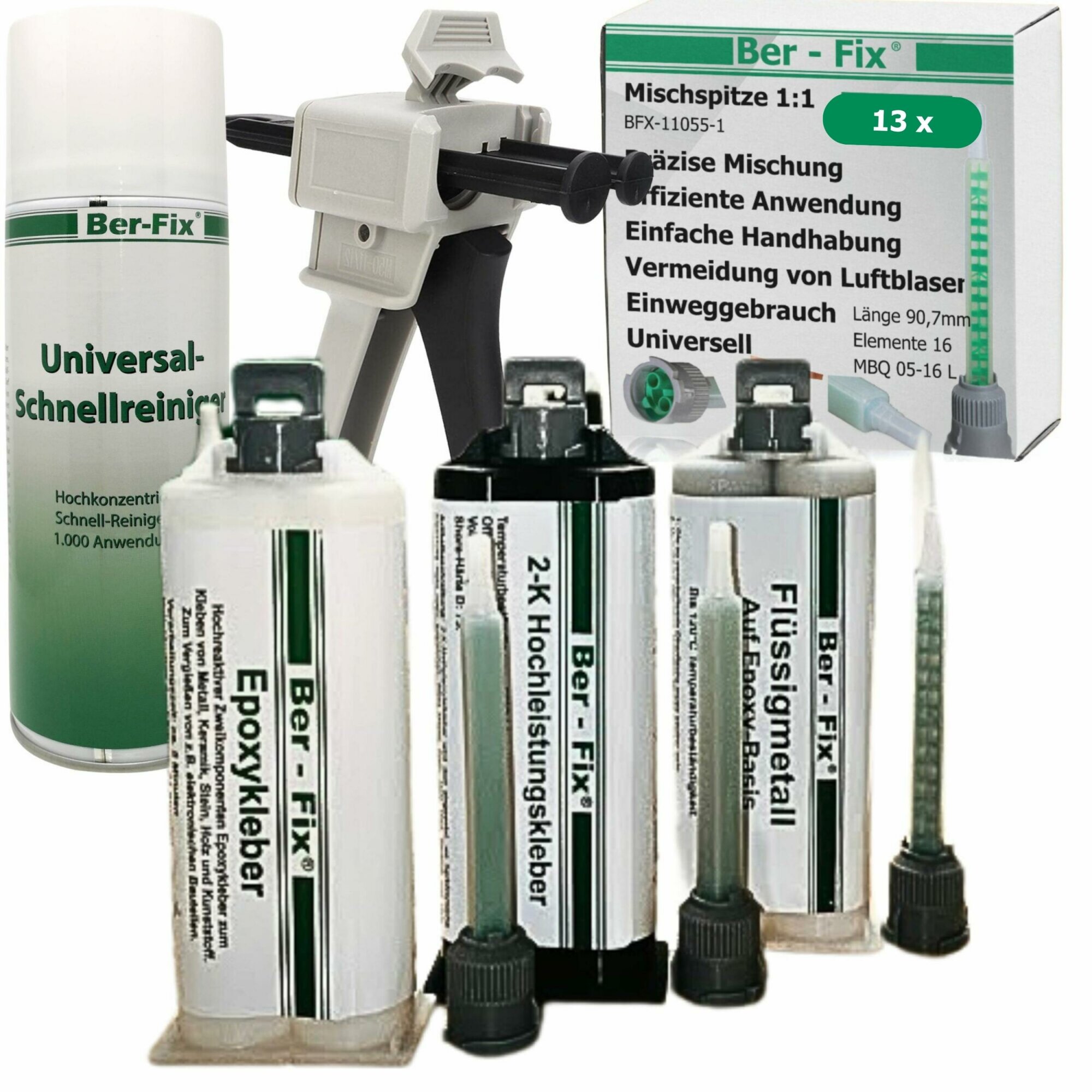 Ber-Fix® 2-Komponenten Kleber Set mit Dosierpistole 3x 50g Kartuschen, 13 Spitzen, 400ml Universalreiniger