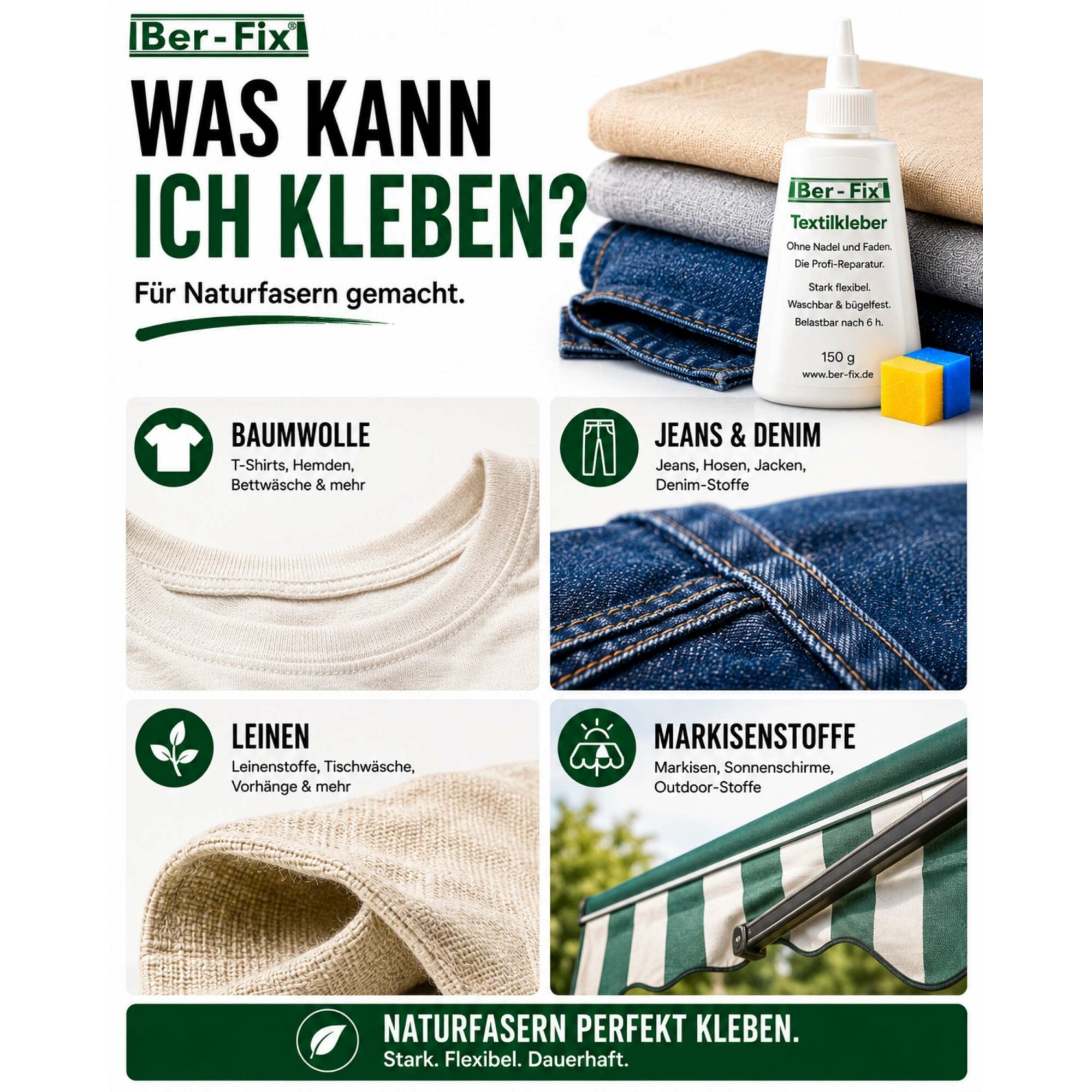 Ber-Fix® Textilkleber 150 g – für Familie, Hobby und mehrere Reparaturen
