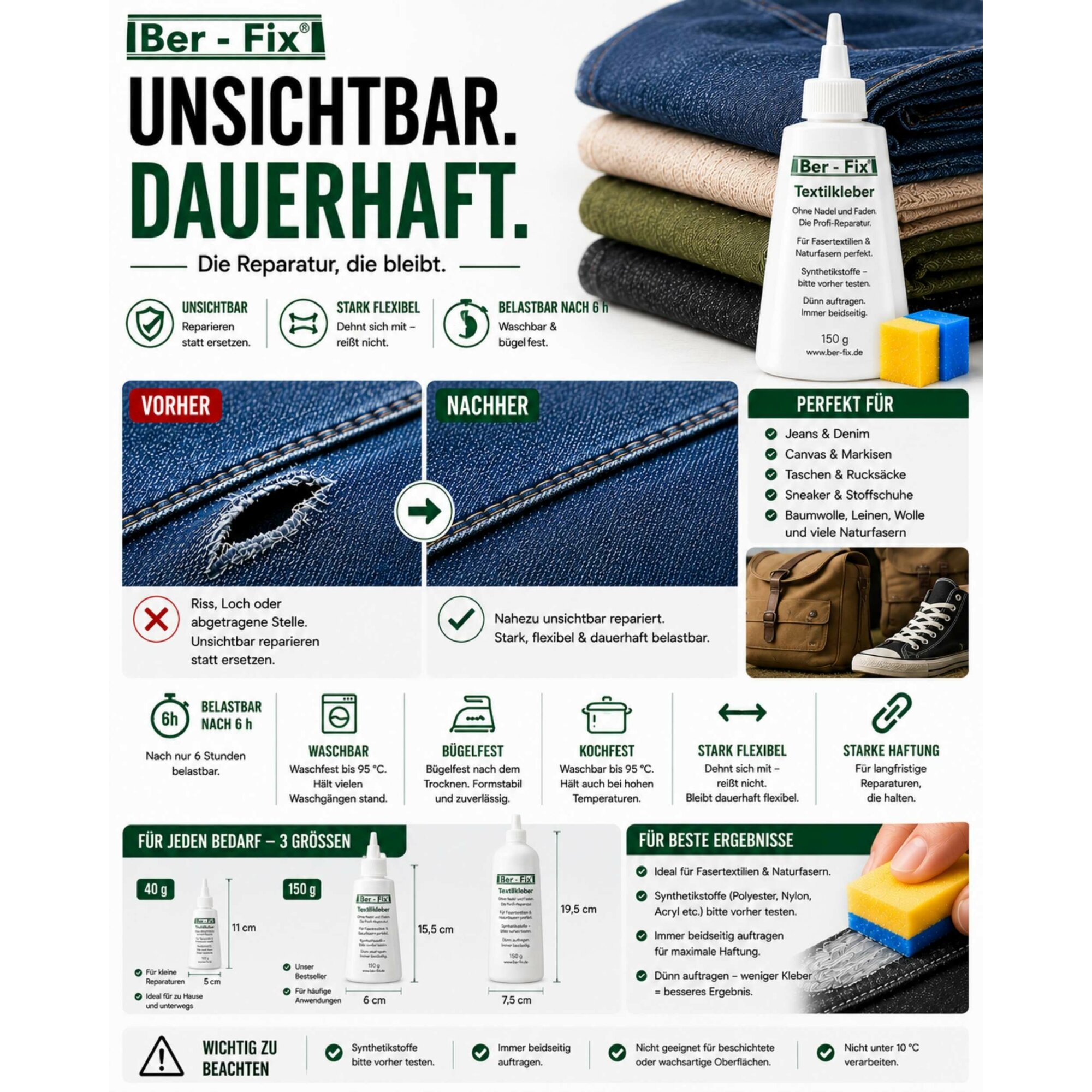 Ber-Fix® Textilkleber 150 g – für Familie, Hobby und mehrere Reparaturen