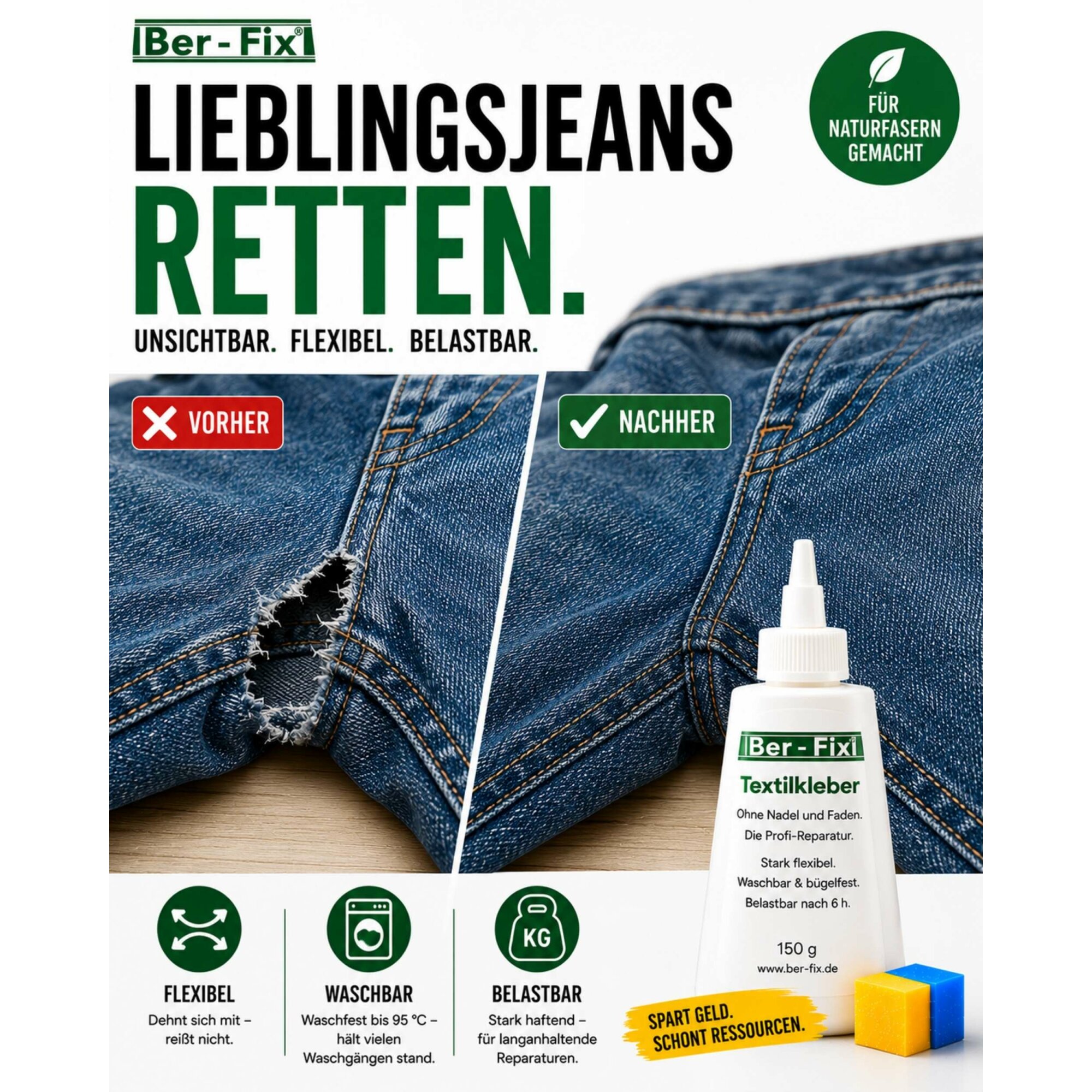Ber-Fix® Textilkleber 150 g – für Familie, Hobby und mehrere Reparaturen