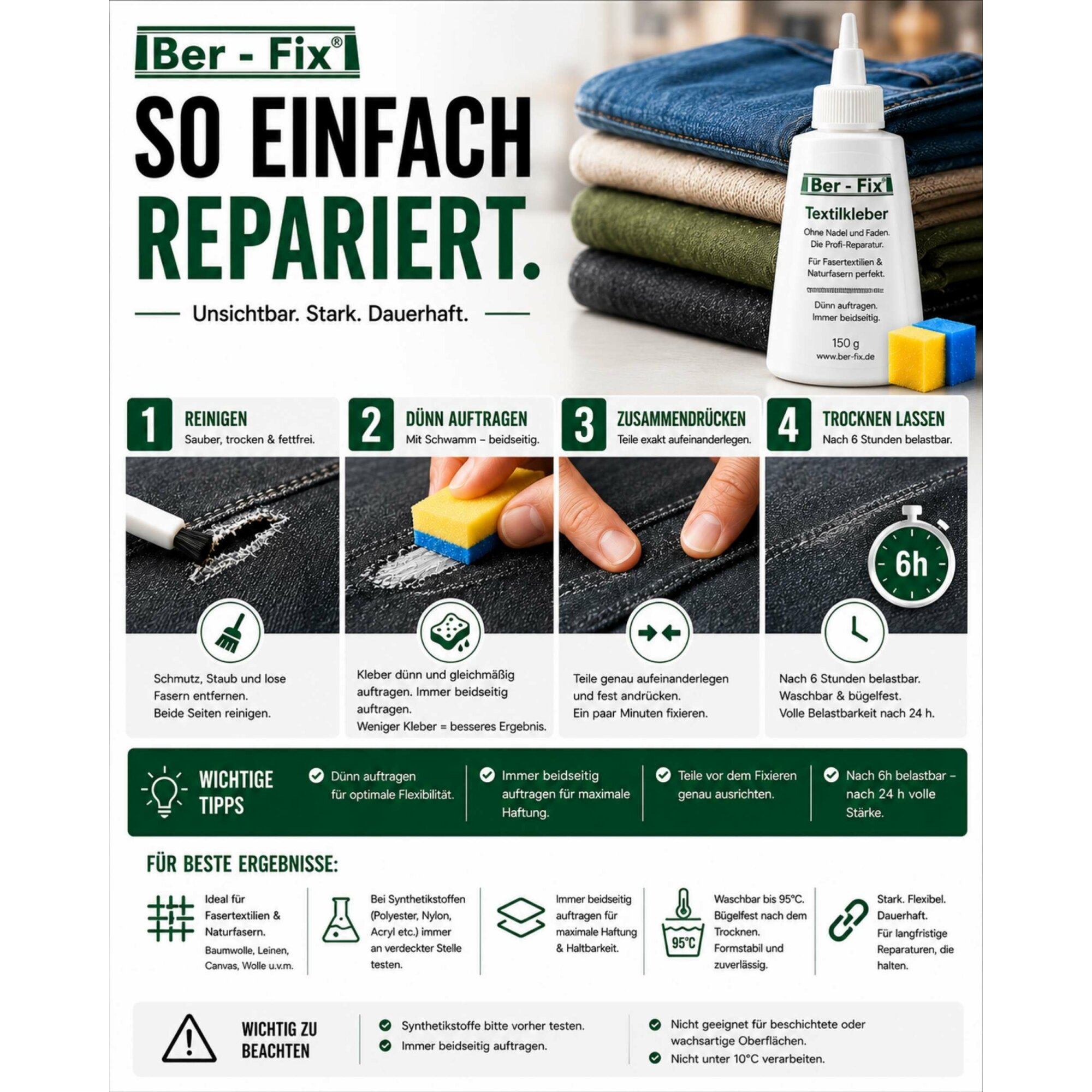 Ber-Fix® Textilkleber 150 g – für Familie, Hobby und mehrere Reparaturen