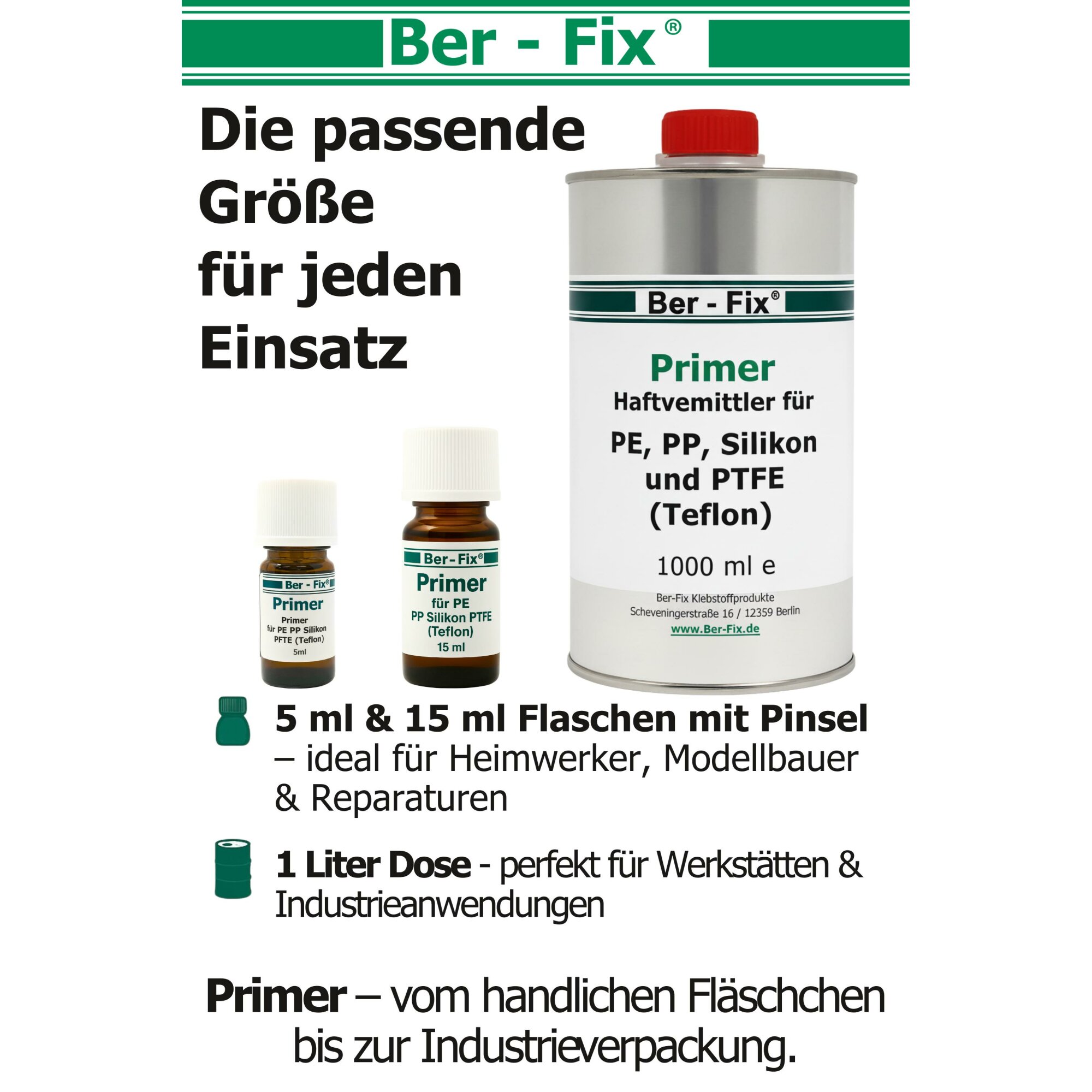 Ber-Fix® Spezial-Primer 5 ml für PE, PP, PTFE & Silikon – Pinselflasche