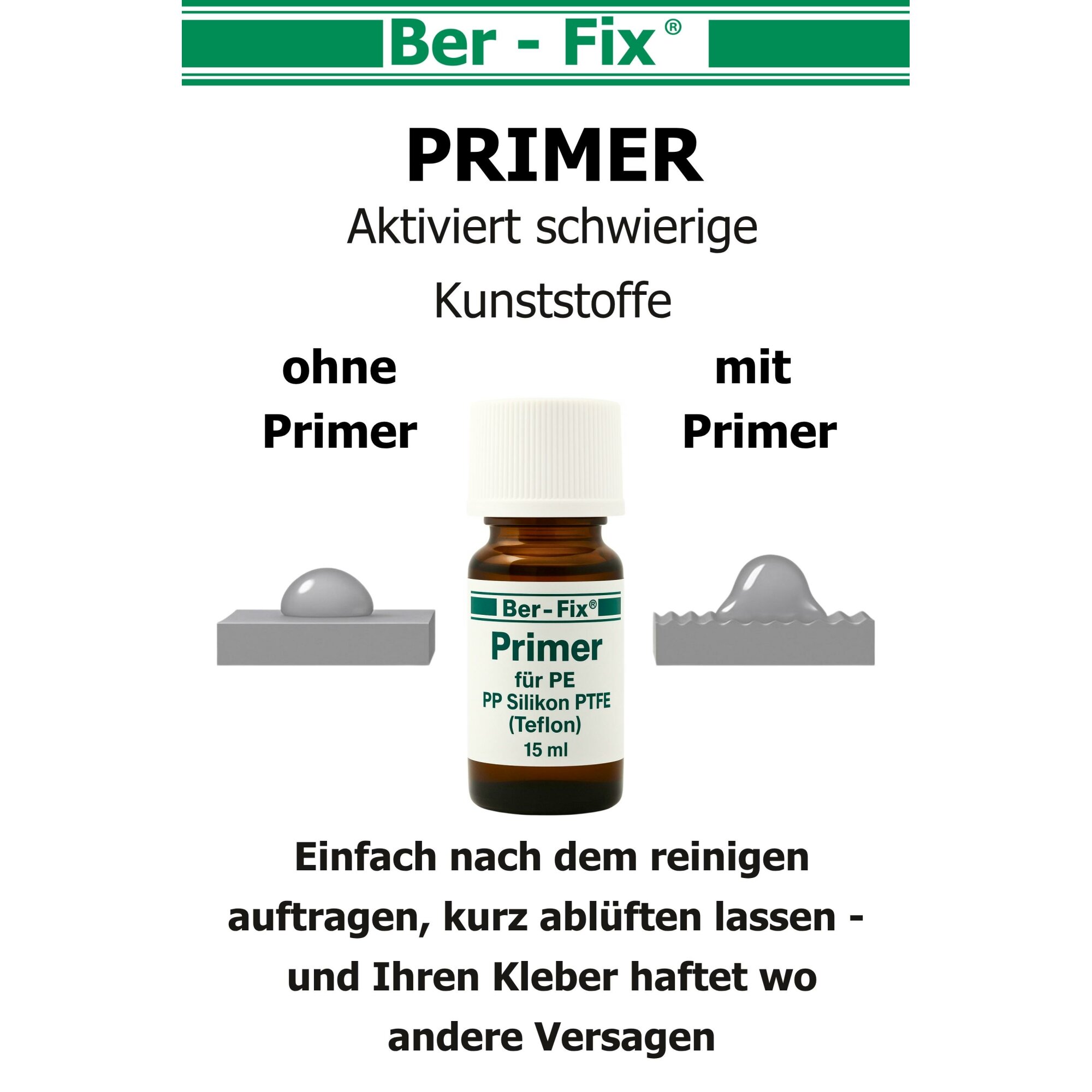 Ber-Fix® Spezial-Primer 5 ml für PE, PP, PTFE & Silikon – Pinselflasche