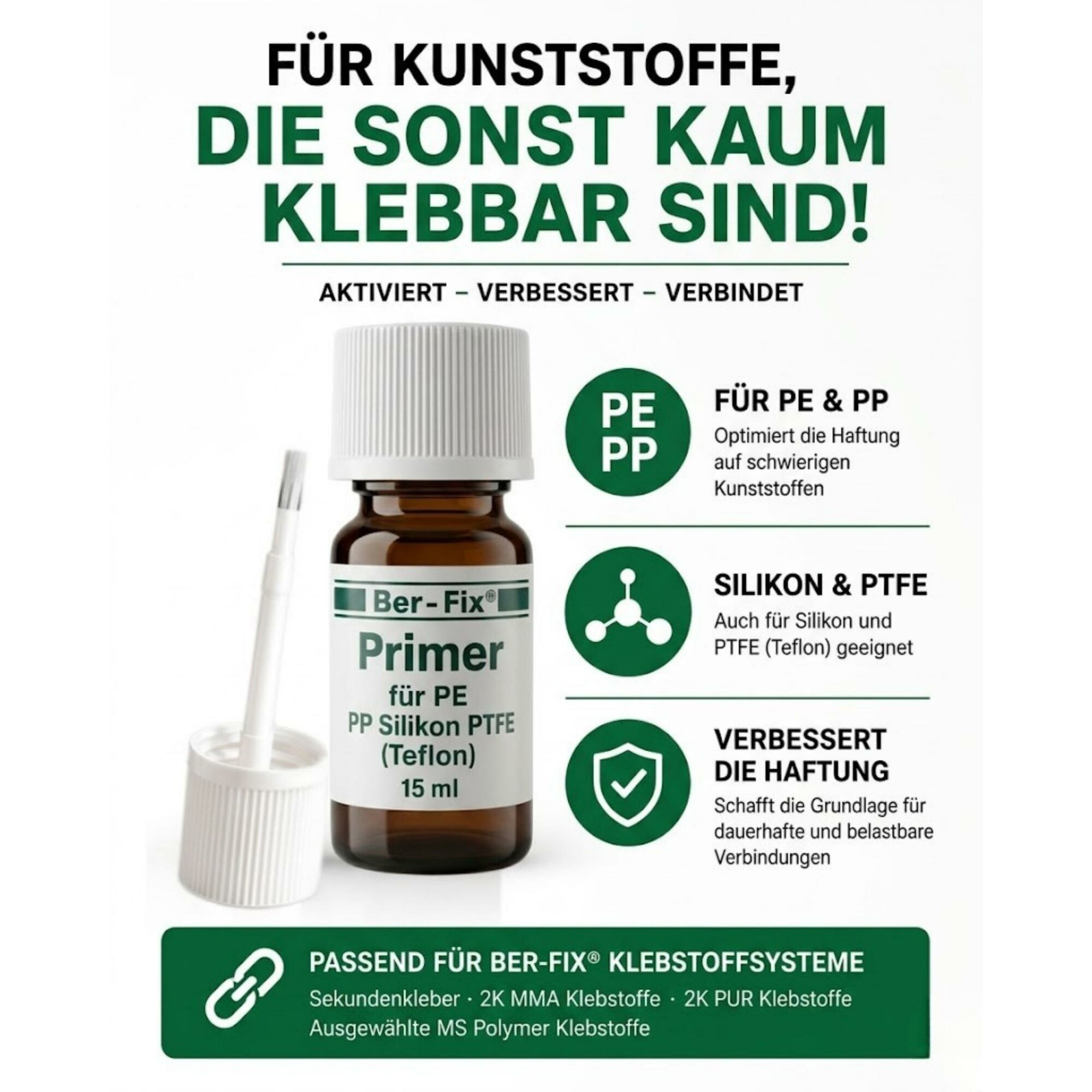 Ber-Fix® Spezial-Primer 15 ml für PE, PP, PTFE & Silikon – Pinselflasche
