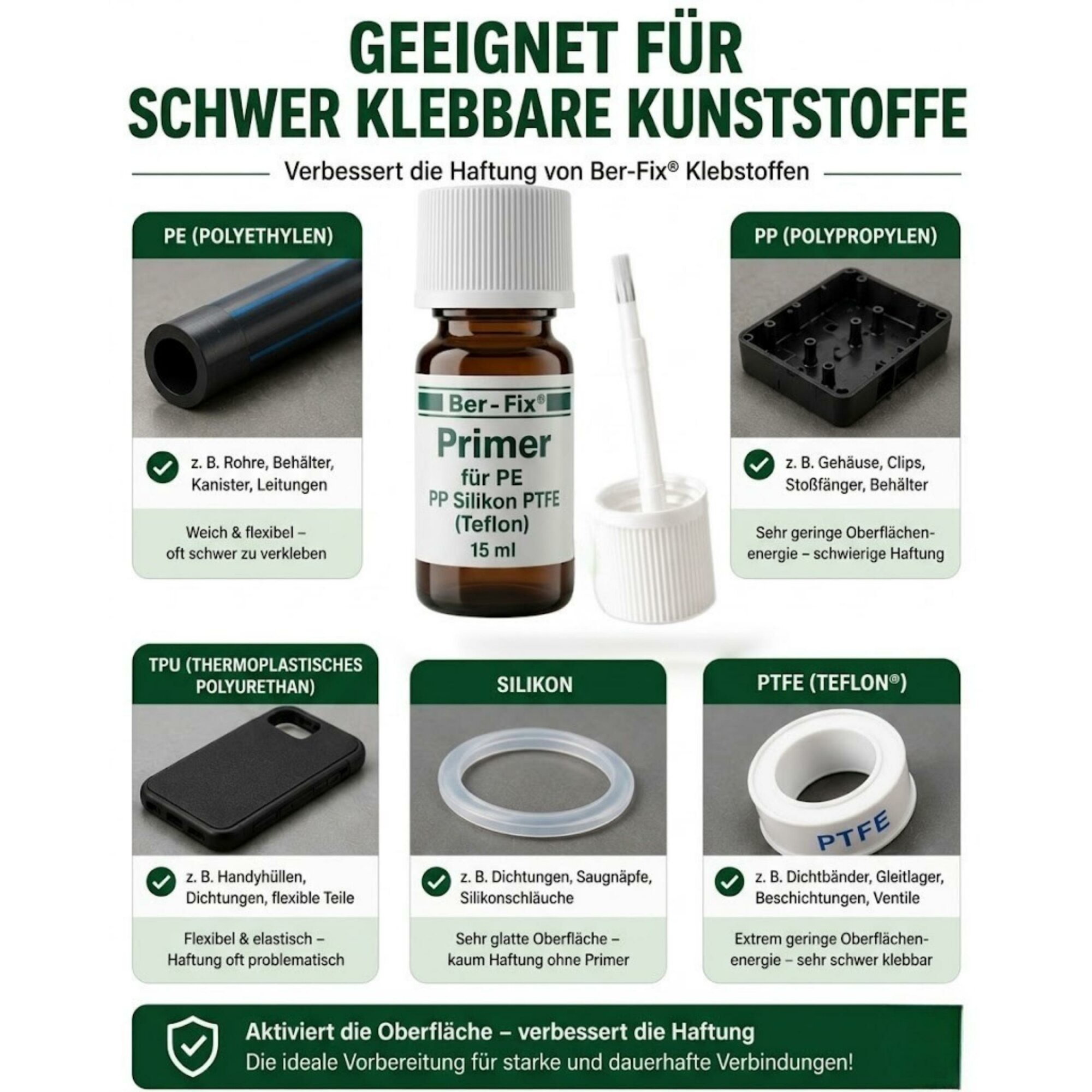 Ber-Fix® Spezial-Primer 15 ml für PE, PP, PTFE & Silikon – Pinselflasche