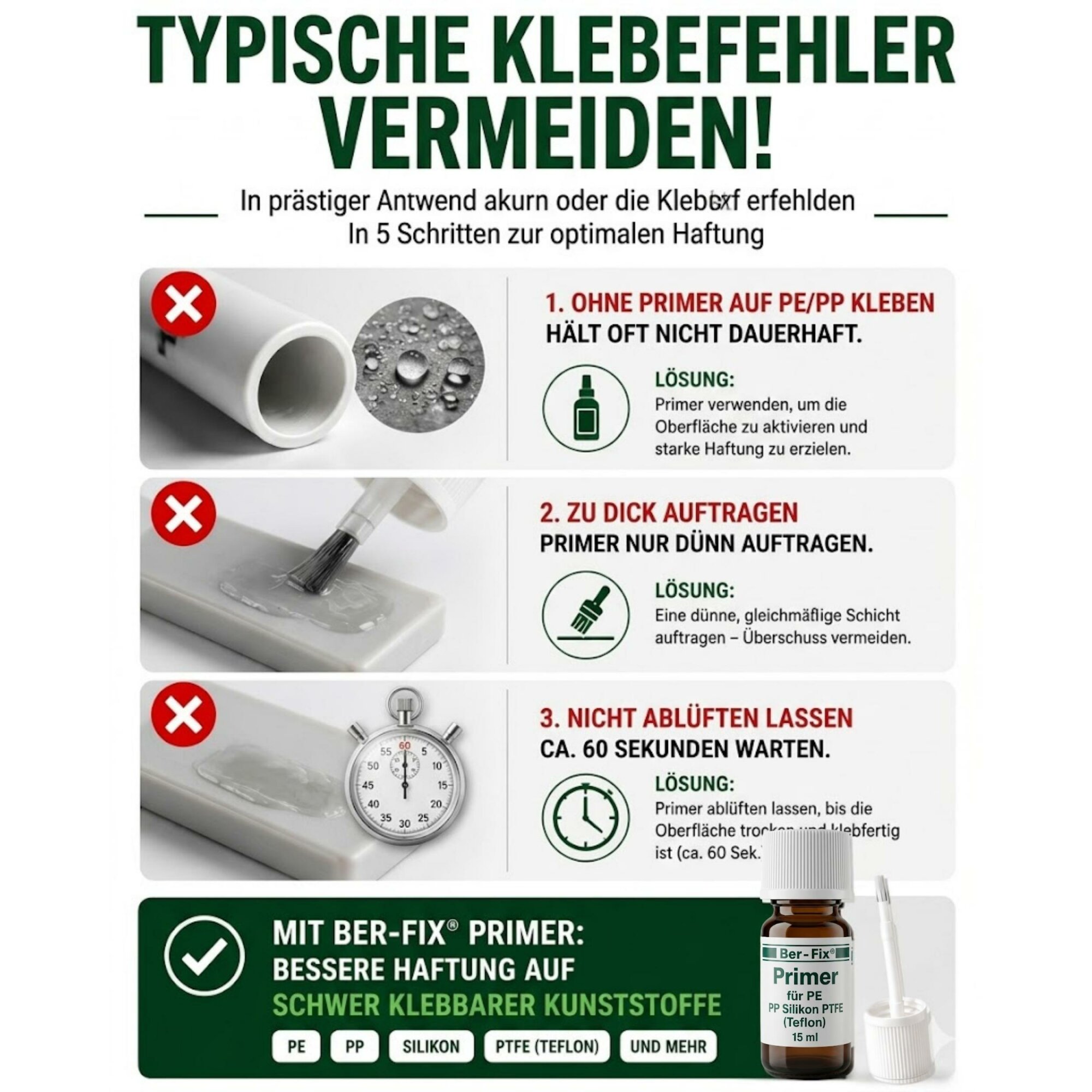 Ber-Fix® Spezial-Primer 15 ml für PE, PP, PTFE & Silikon – Pinselflasche