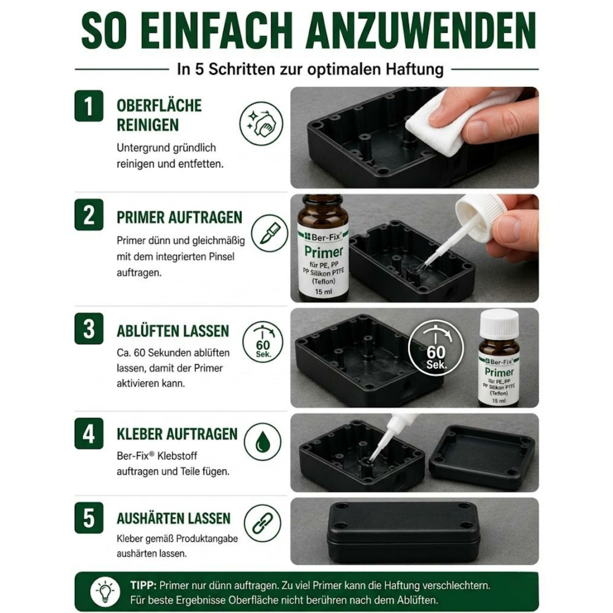 Ber-Fix® Spezial-Primer 15 ml für PE, PP, PTFE & Silikon – Pinselflasche