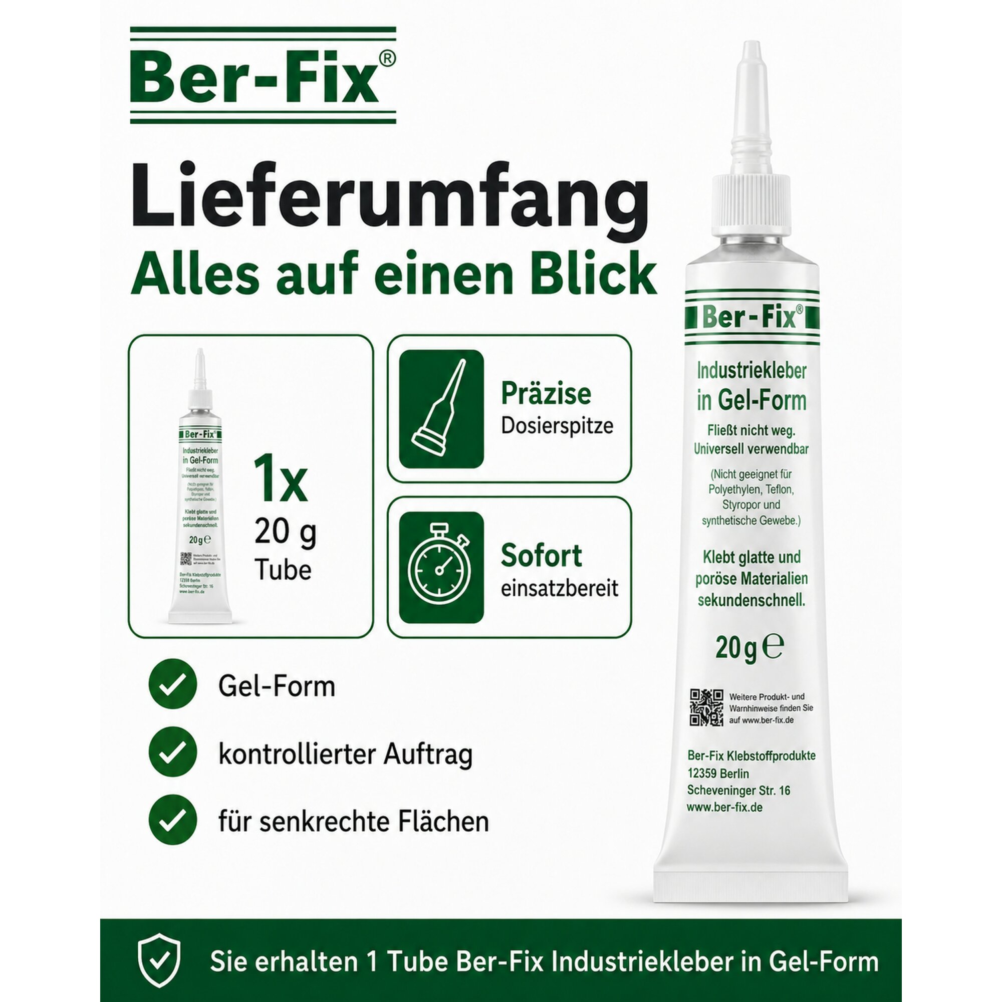 Ber-Fix® Industriekleber Gel 20g – Konsistenz vergleichbar mit Zahnpasta