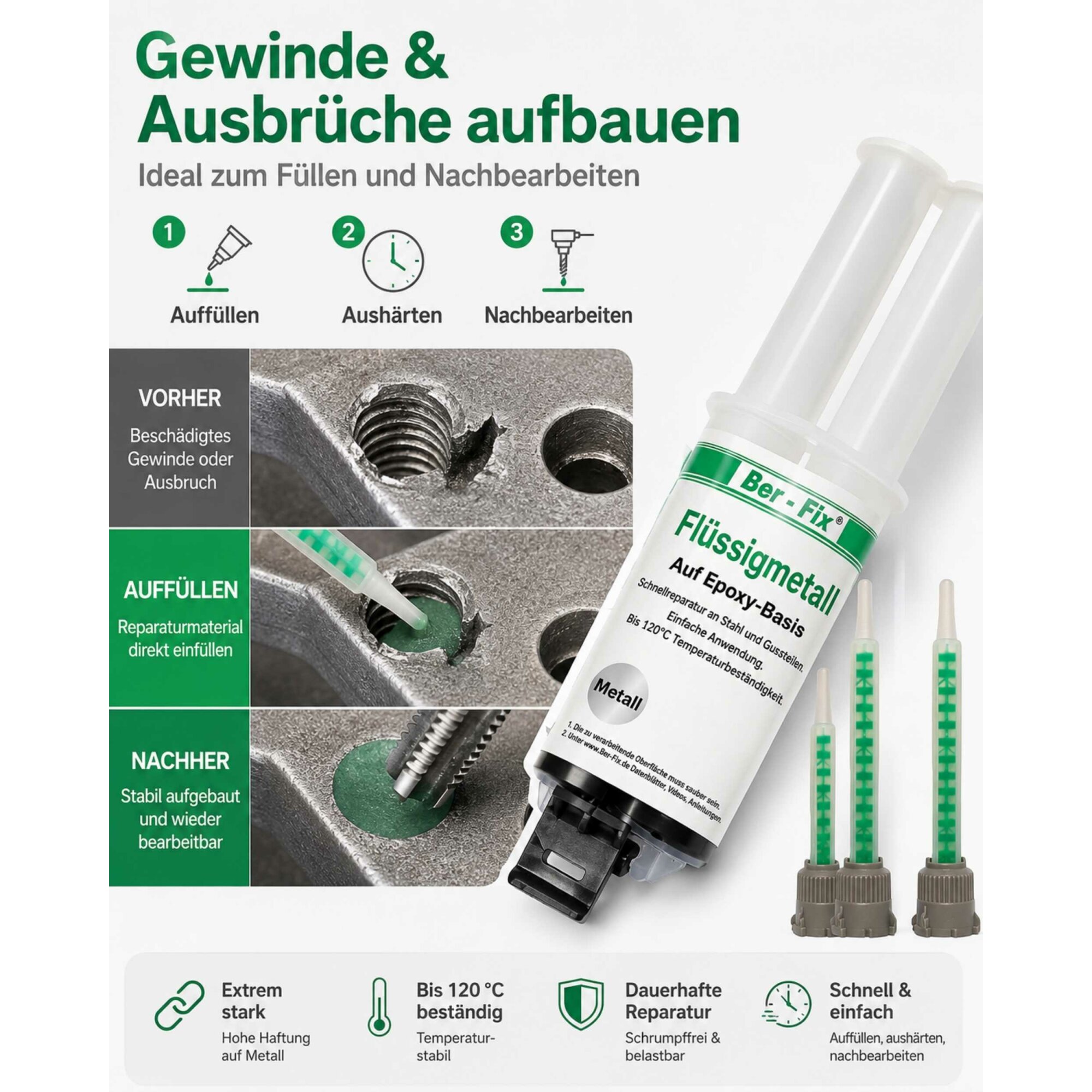 Ber-Fix® Flüssigmetall 25g 2K Metallkleber bis 12°C - für Reparaturen, Modellierungen - Hochfeste Anwendungen