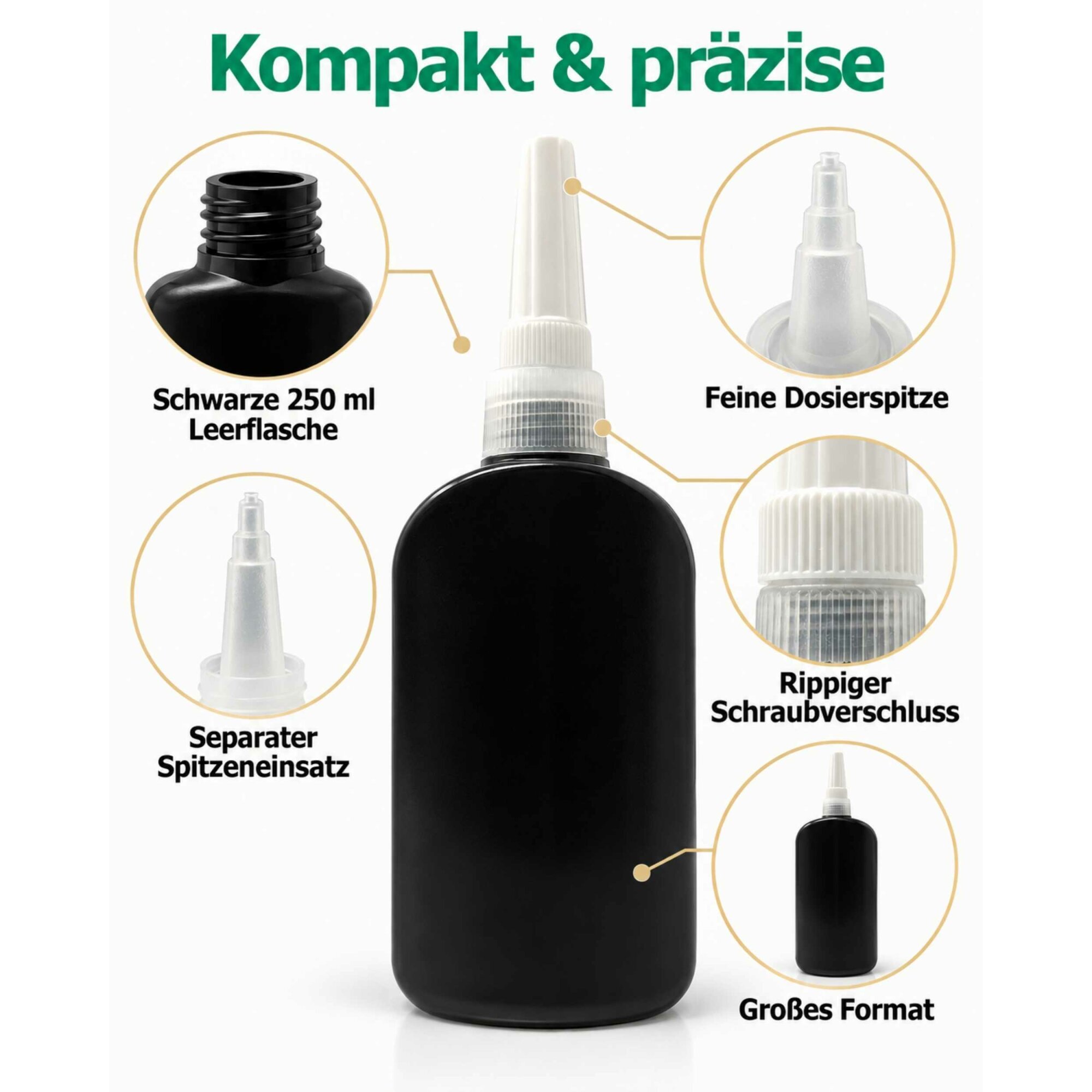 Ber-Fix® UV-Leerflasche Schwarz 250 ml mit Dosierspitze – 1 Stück