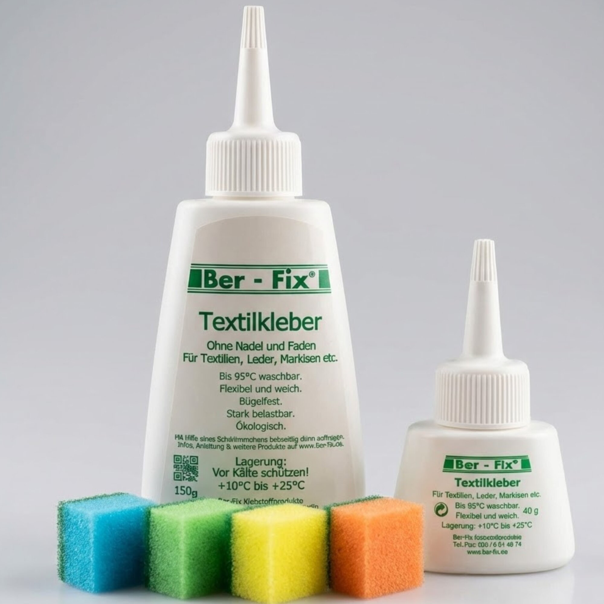 Ber-Fix® Textilkleber-Set mittel – Waschmaschinenfest & Transparent | 40g + 150g Kleber für Stoffe, Textilien & Heimtextilien