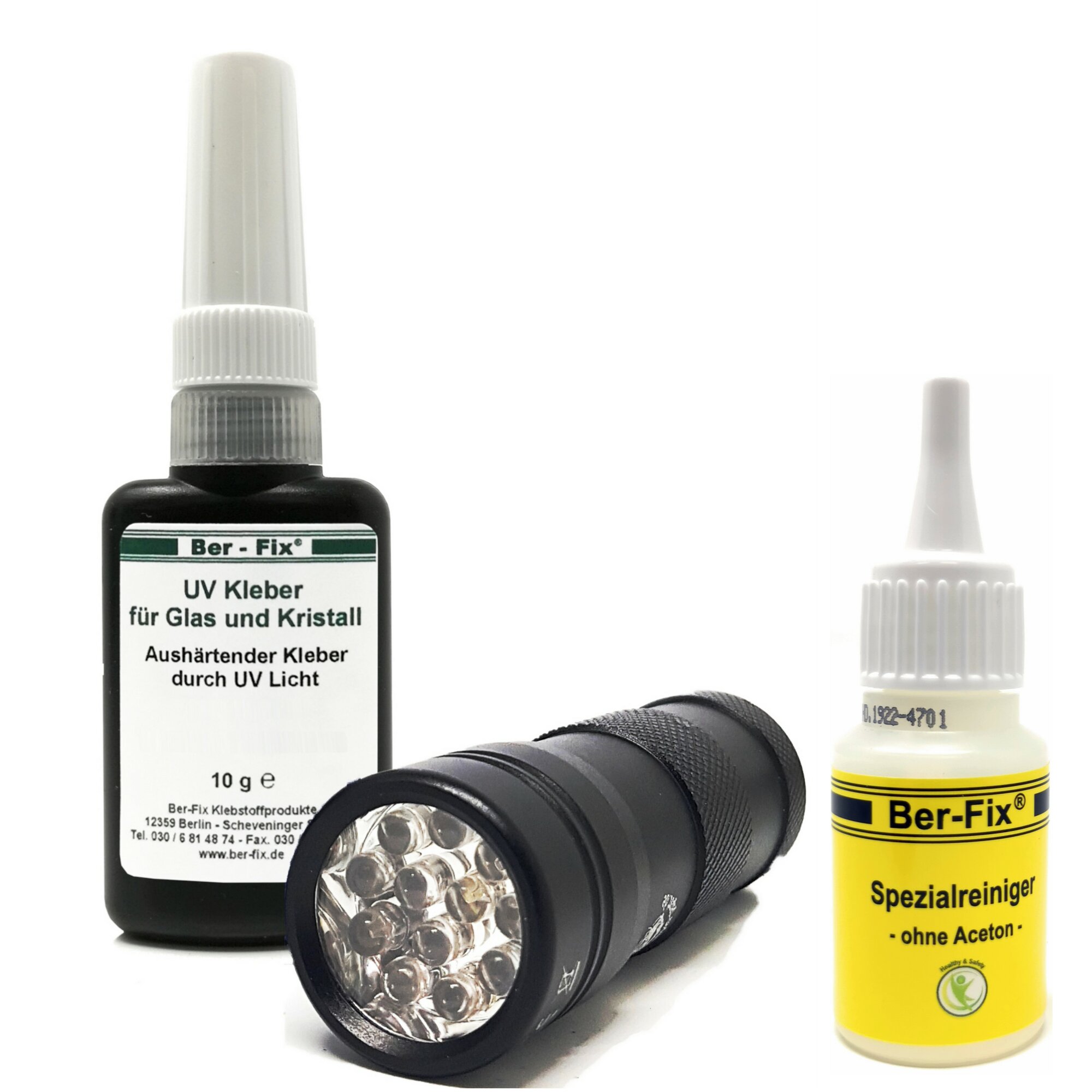 Ber-Fix® UV Kleber mit Lampe Set DER GLASKLEBER 10g niedrigviskos 50mPas spaltfüllend bis 0,10 mm mit UV Taschenlampe 12 Led + Reiniger