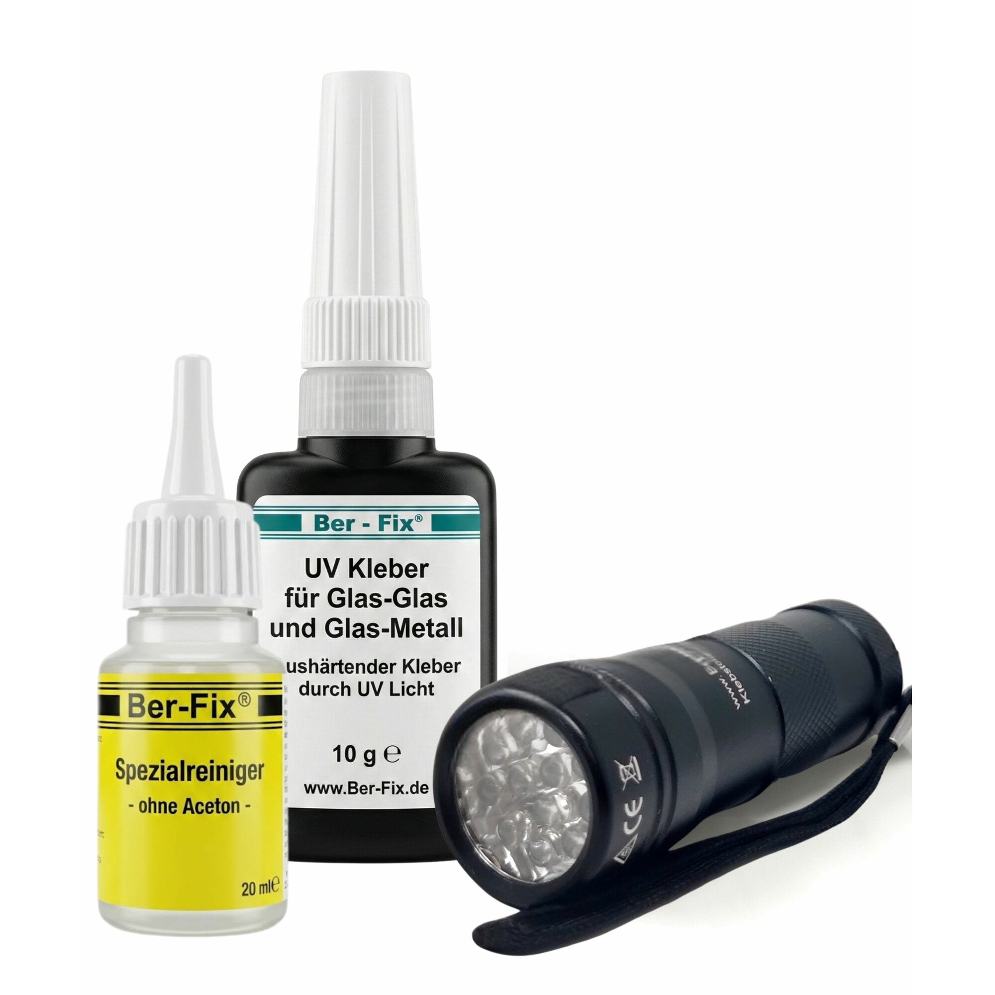Ber-Fix® UV Kleber mit Lampe Set DER GLASKLEBER 10g niedrigviskos 50mPas spaltfüllend bis 0,10 mm mit UV Taschenlampe 12 Led + Reiniger